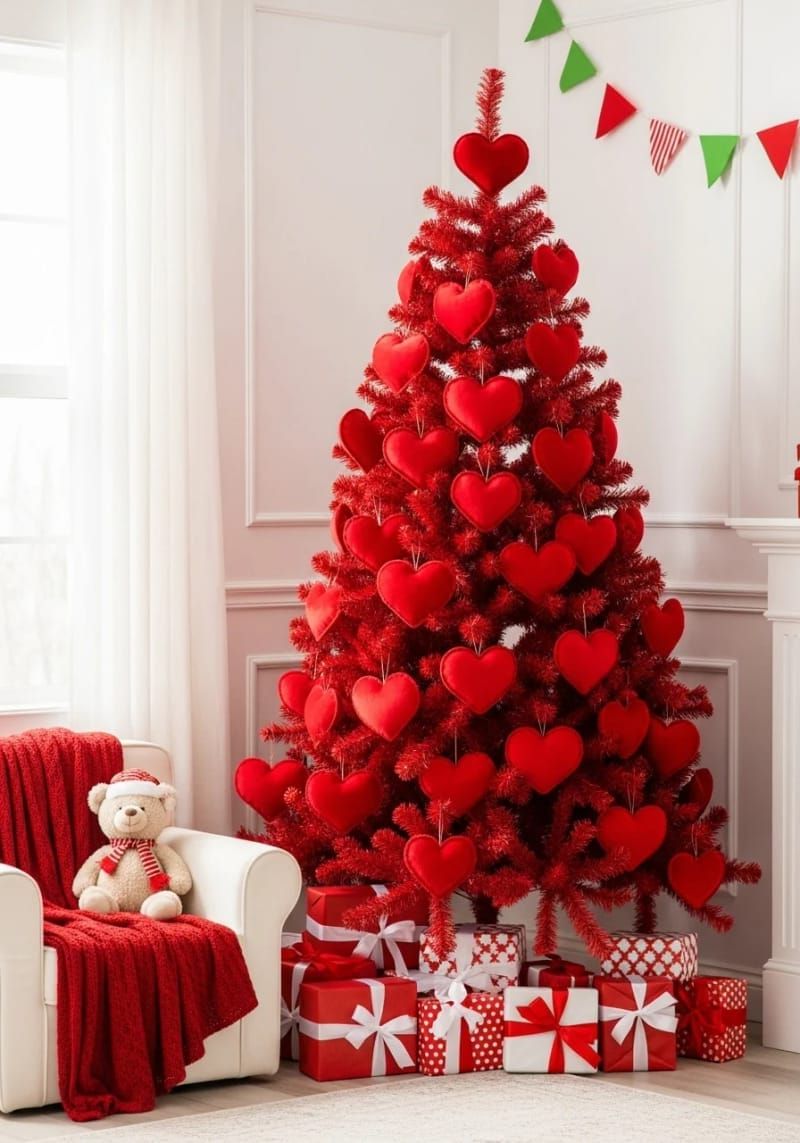22. Red tree with soft heart ornaments