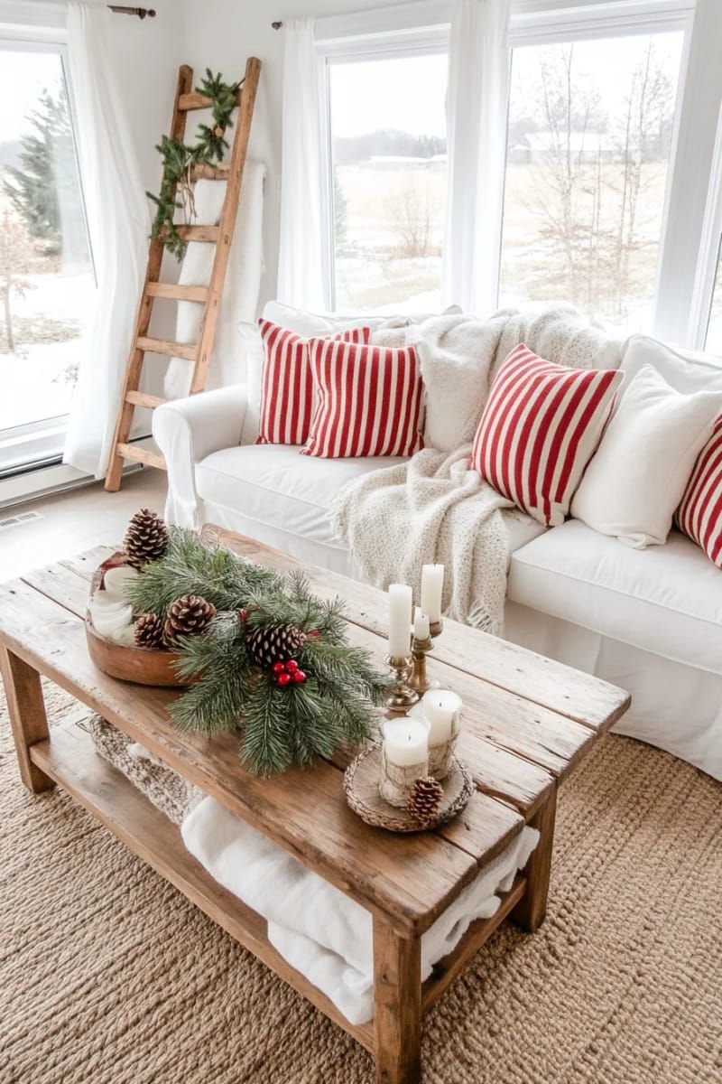 14. Red Striped Pillows On Slipcovered Sofa - photo 2