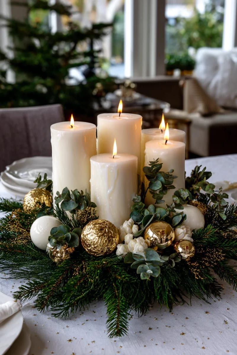 26. Candle Centerpiece With Greenery and Gold Ornaments - photo 2