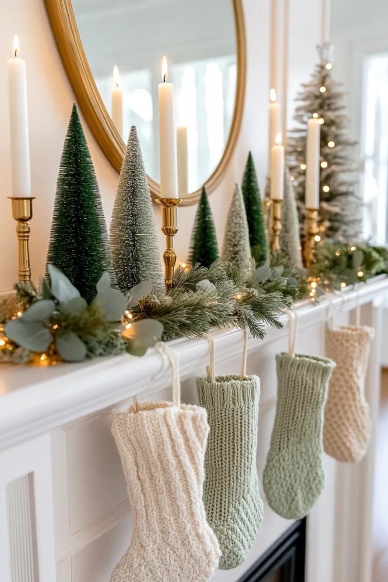 26. Ombre Green Bottle Brush Trees on Mantel