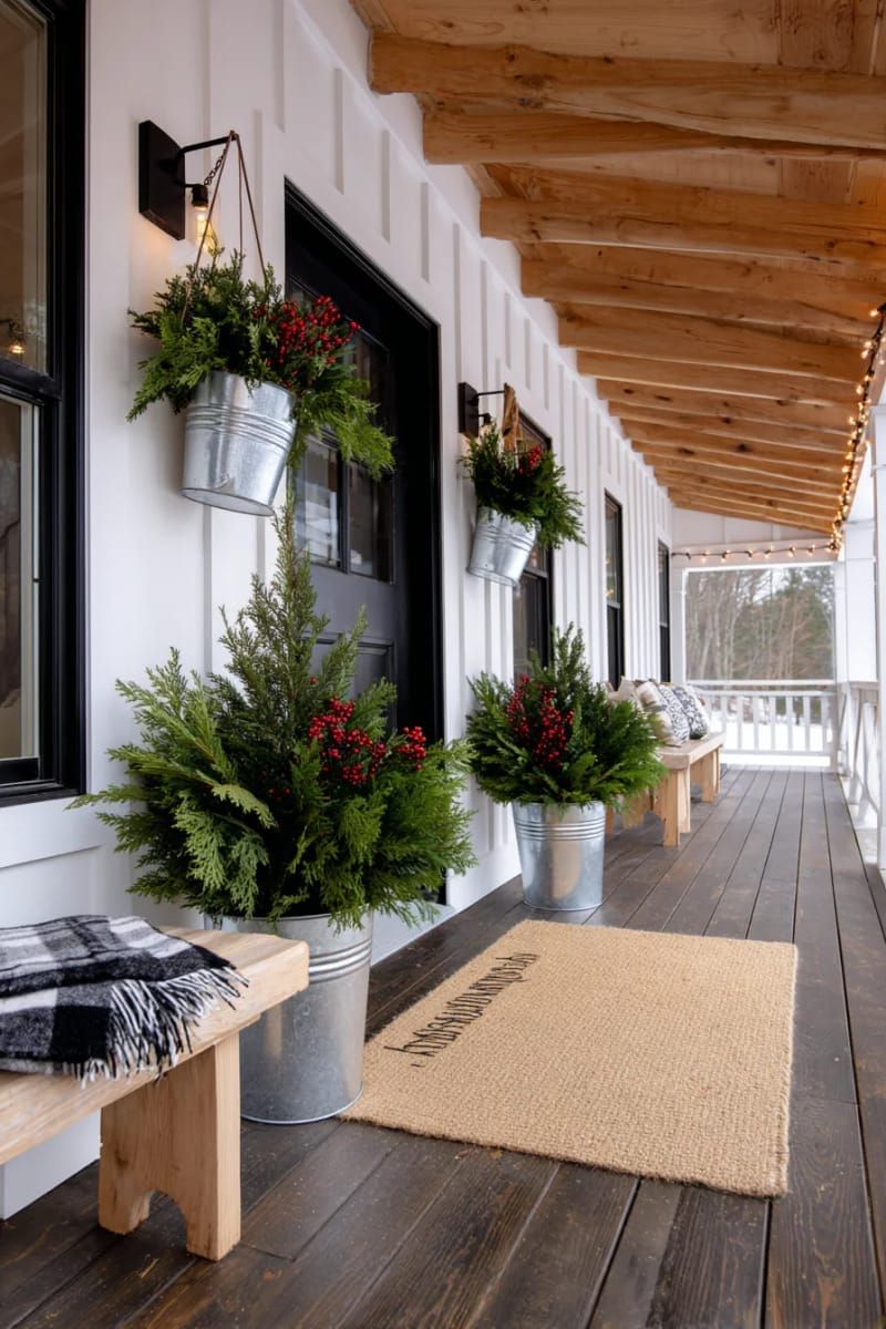 3. Hanging Galvanized Buckets with Greenery and Berries - photo 2