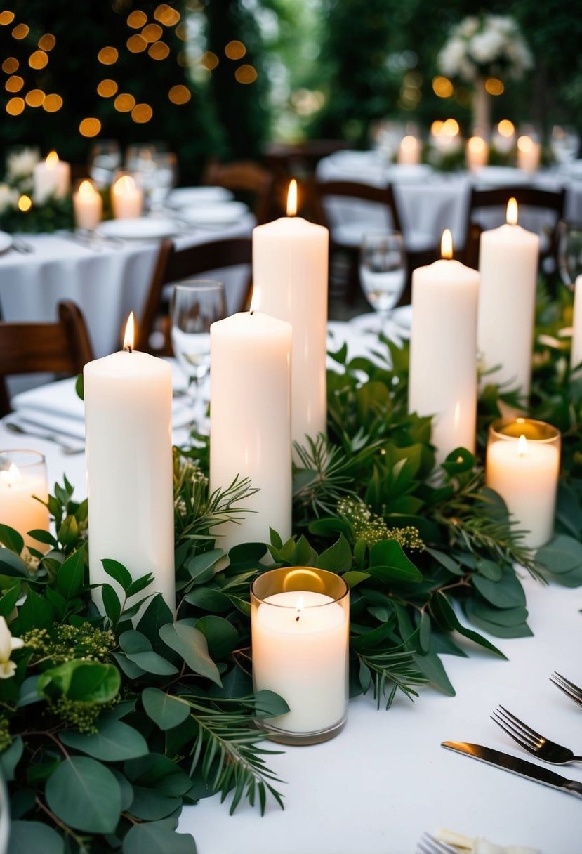 10) White Pillar Candles with Greenery Accents