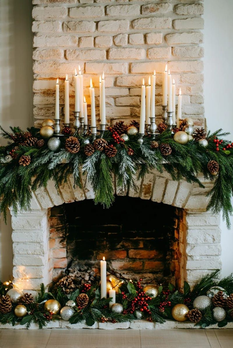 17. Natural Mantel With Pine, Eucalyptus, and Candles