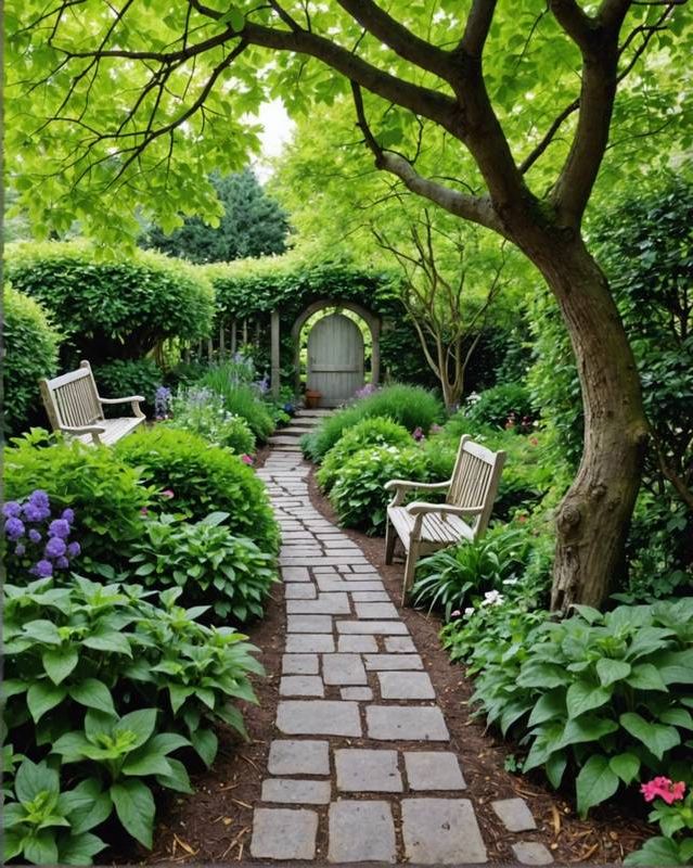 Garden Path Leading to a Hidden Bench