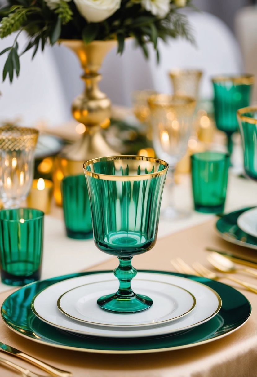 3) Green glassware finished with gold rims