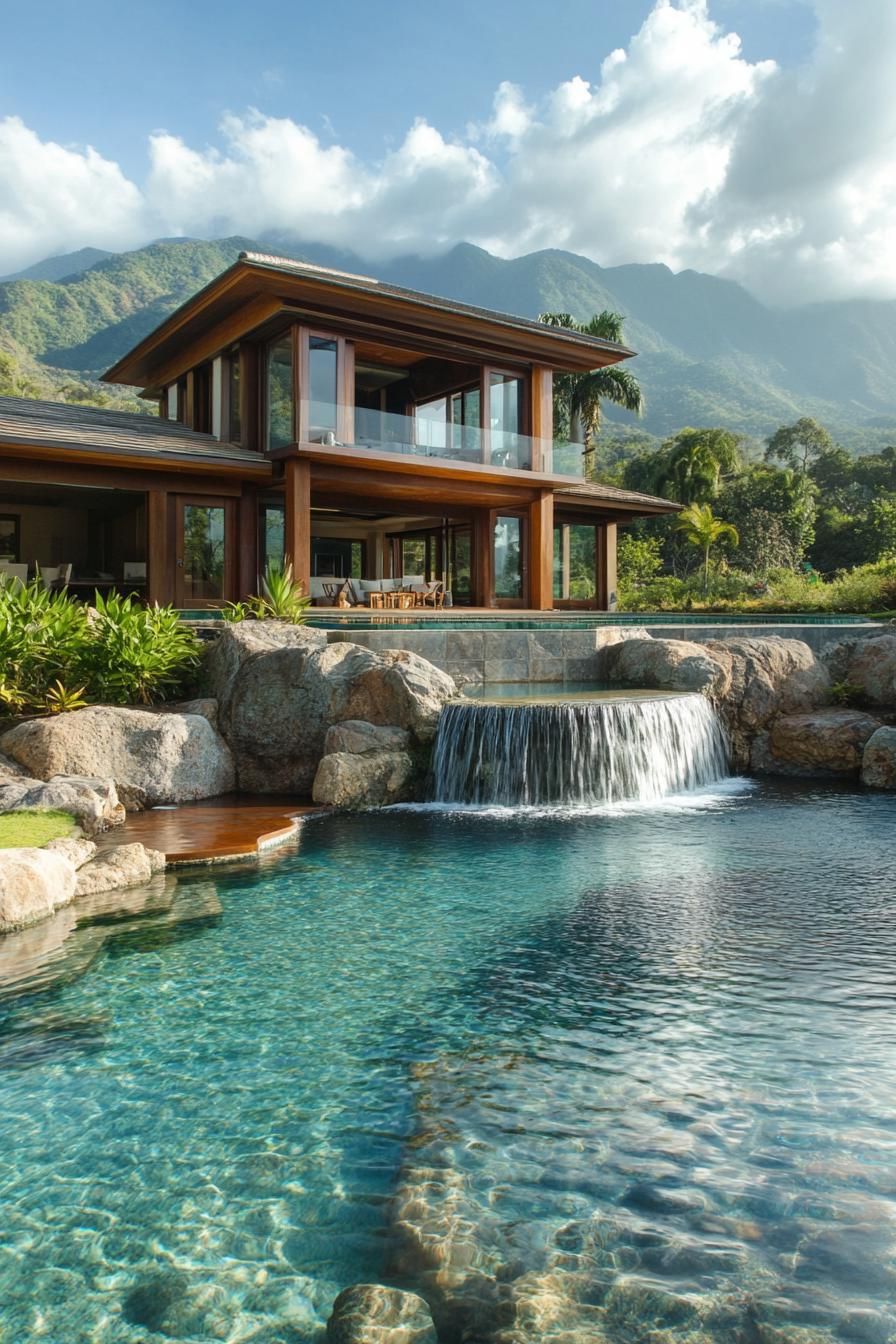 Pool With a Waterfall Into a Lower Level
