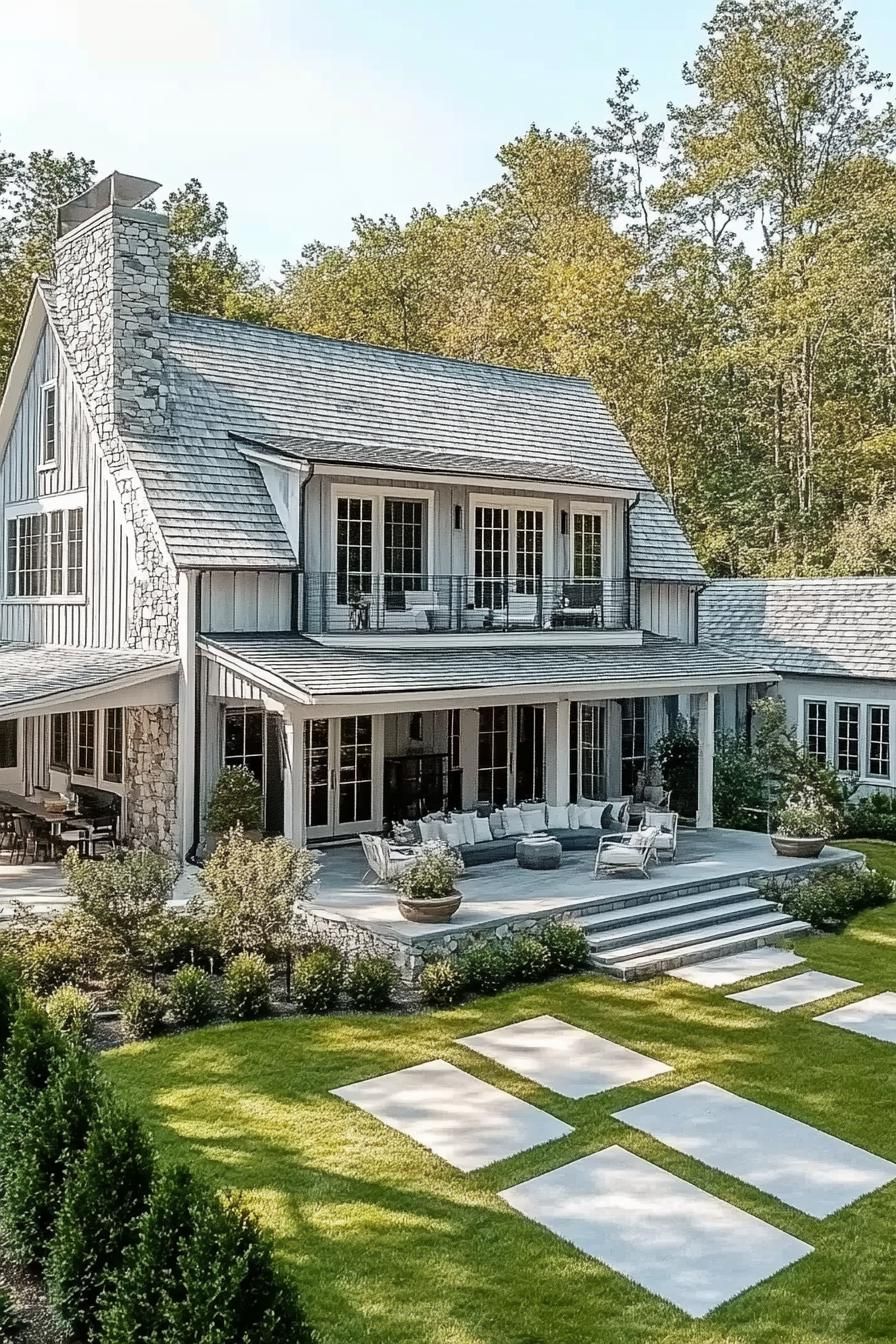 House With Stone Chimney and Patio