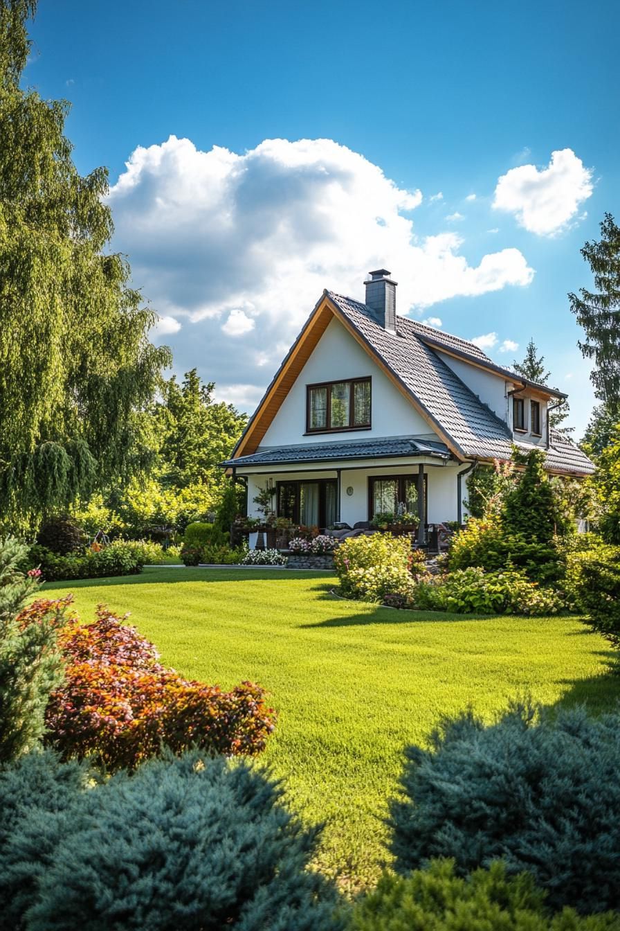 A White Cottage Set in a Lush Garden