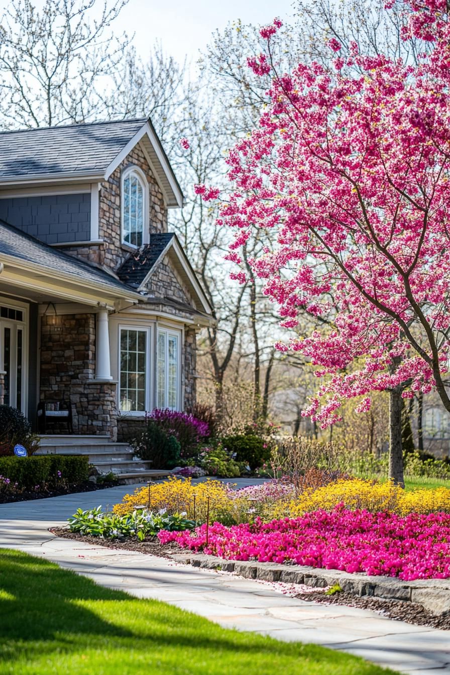 Brick Suburban House With Spring Blossoms