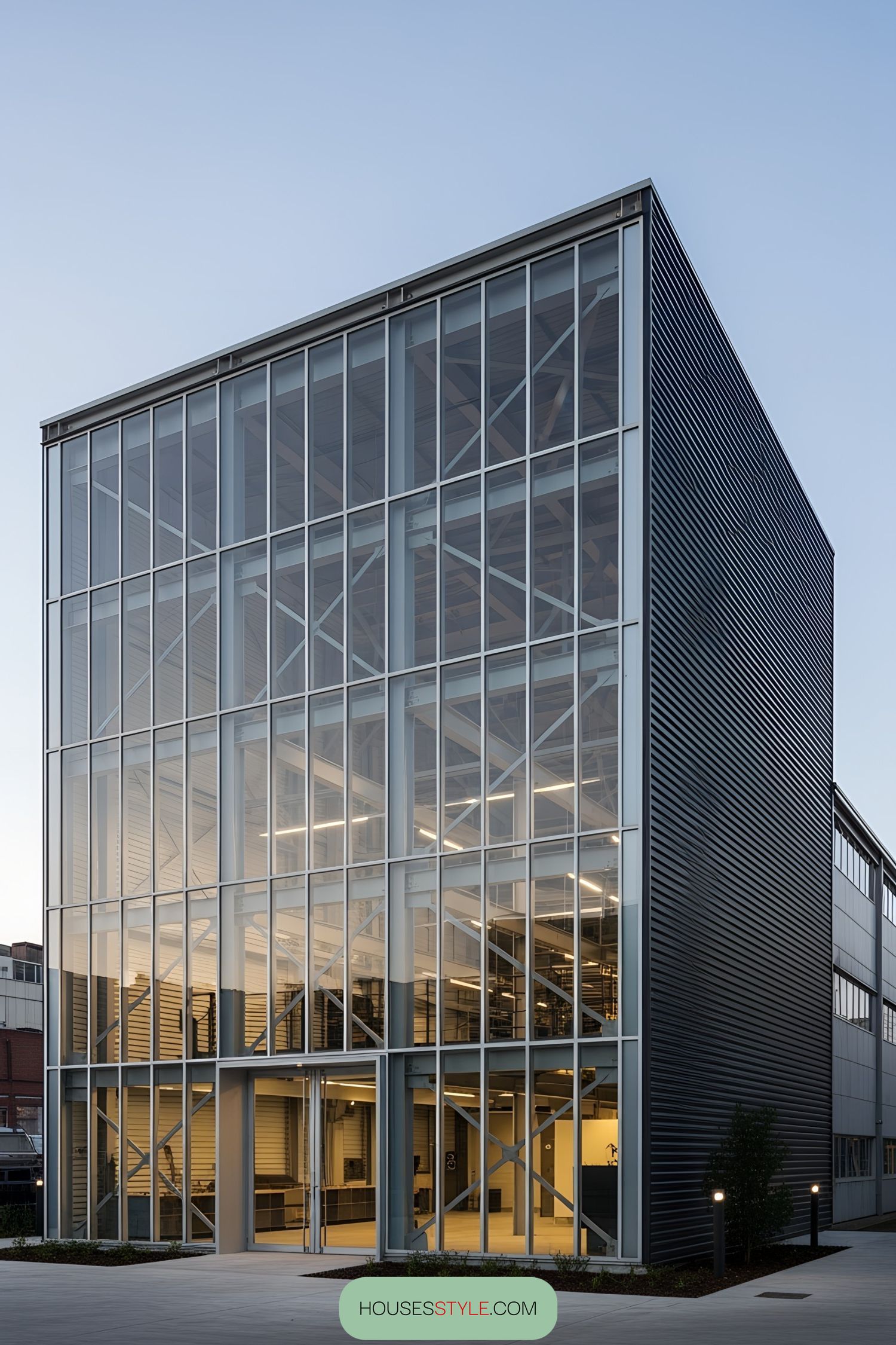 Grid-Patterned Glass Across a Factory Facade