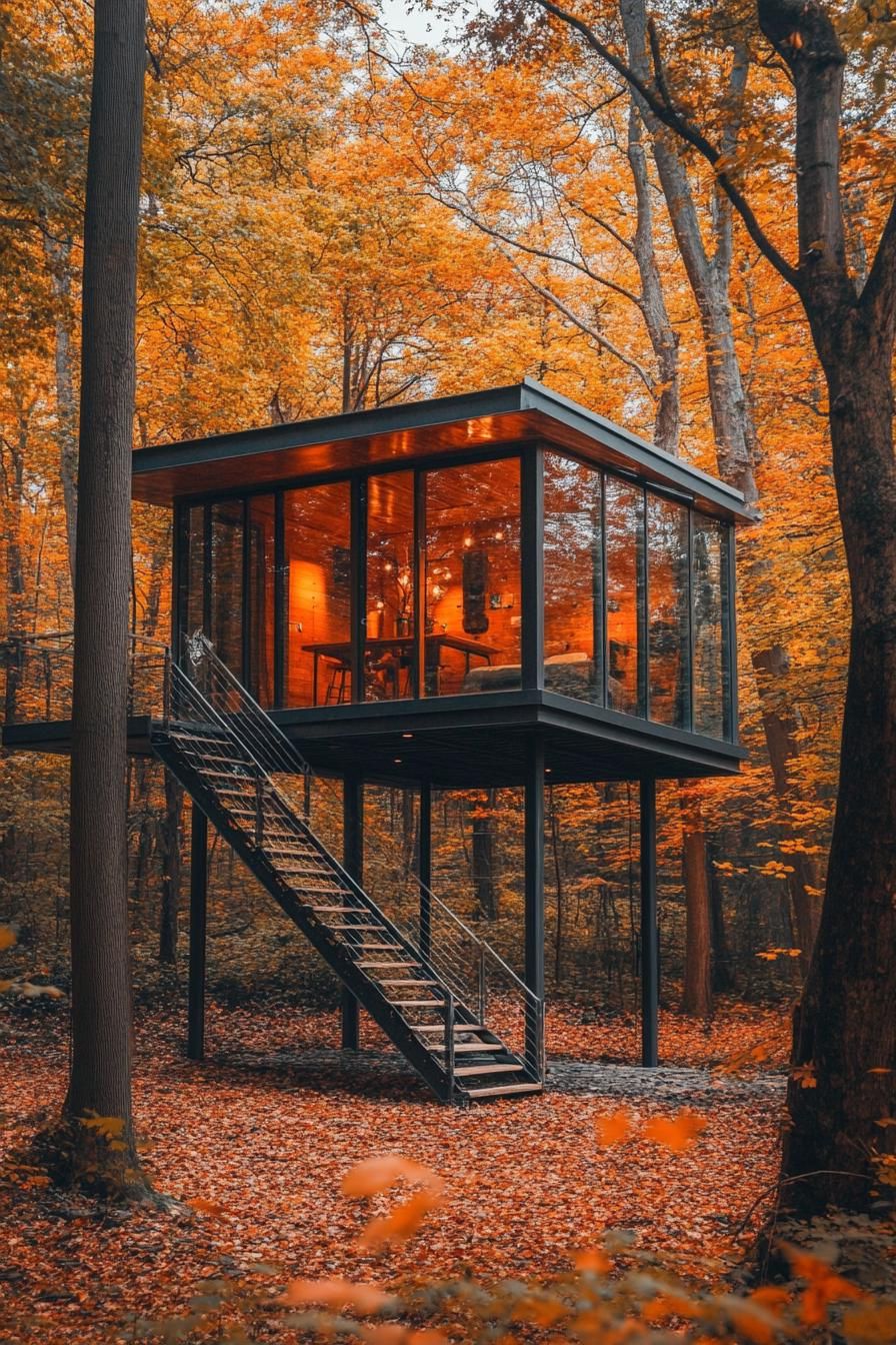 A Glass Treehouse Surrounded by Autumn Leaves