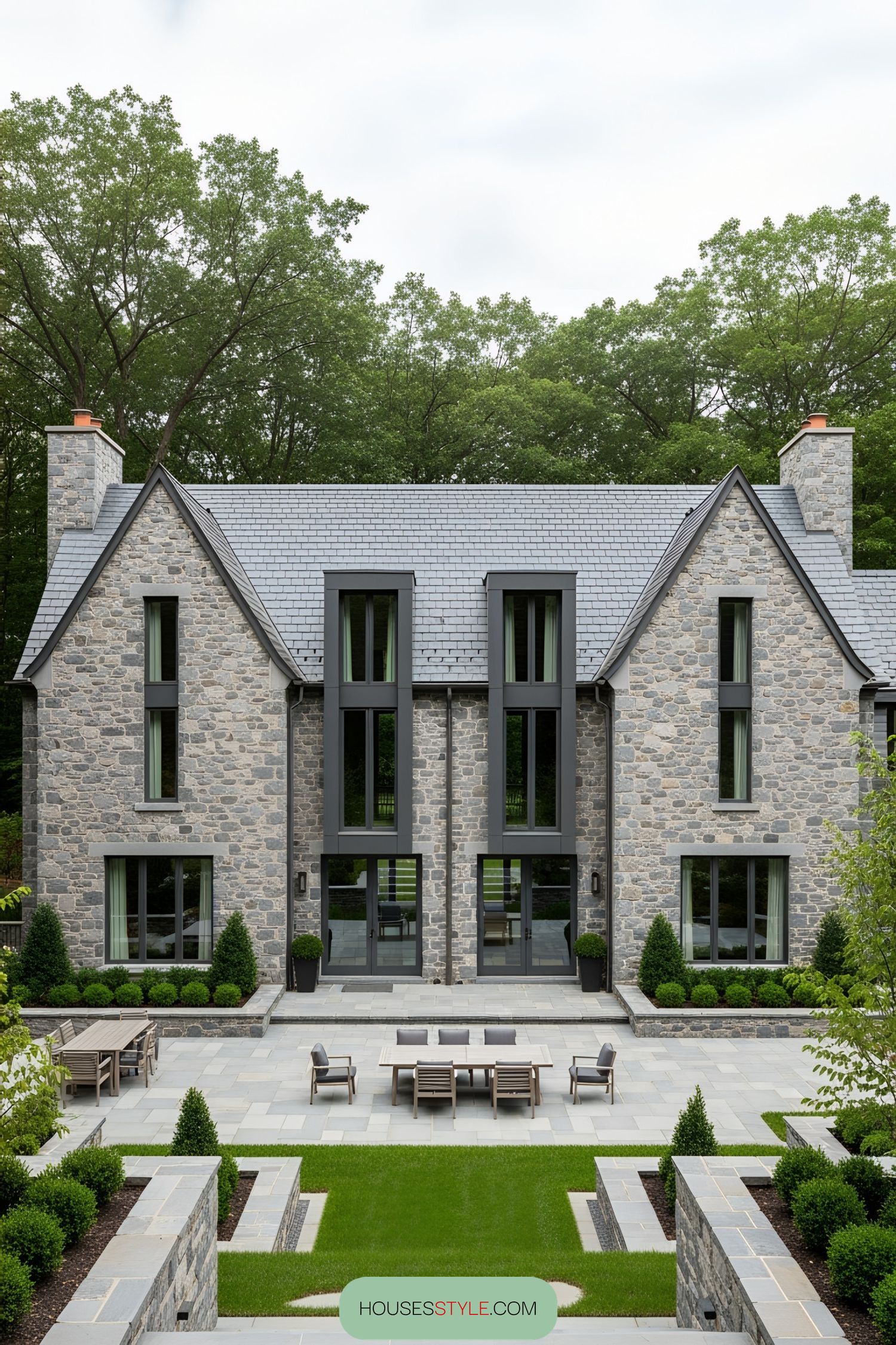 Stone Home With Landscaped Front Entrance