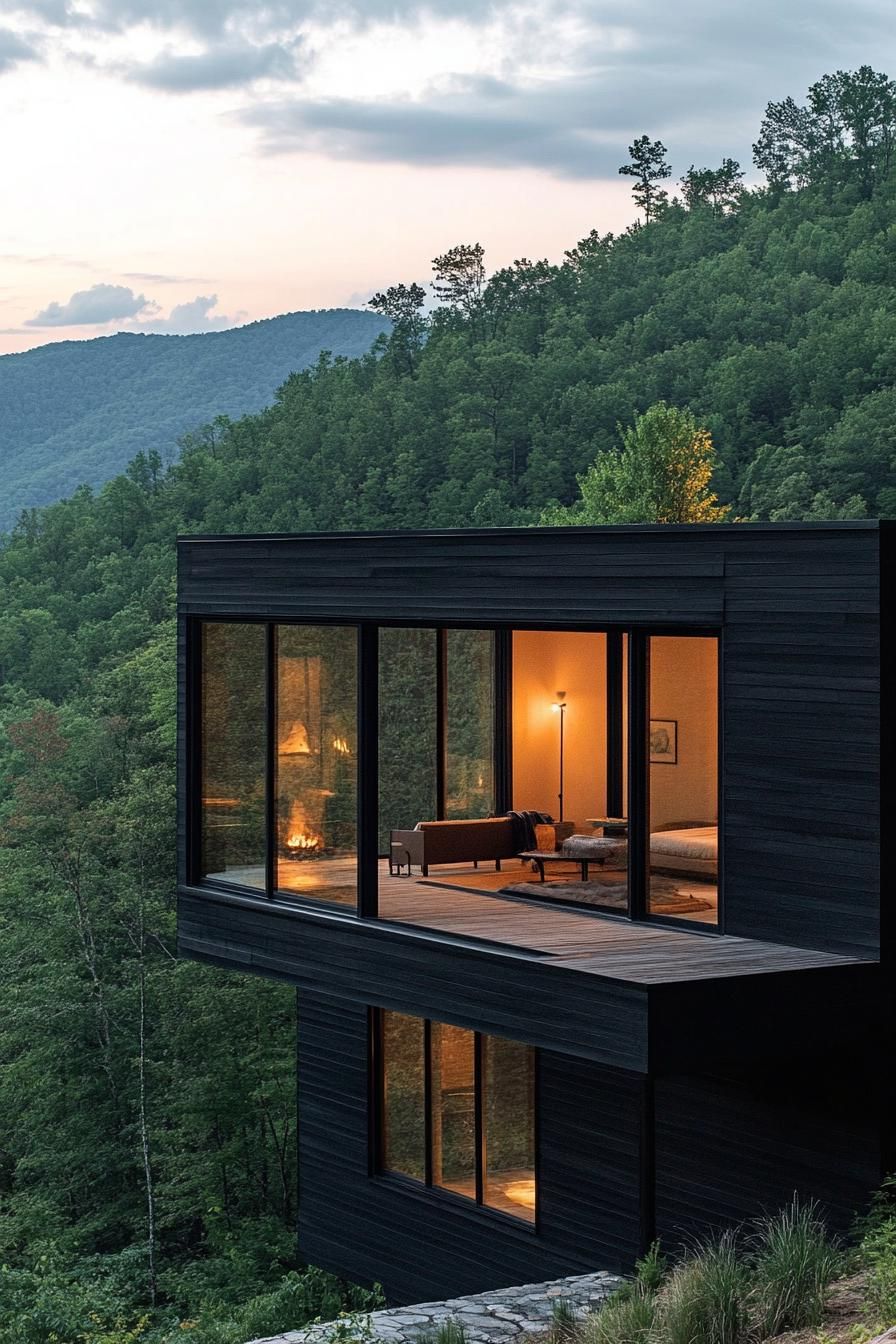 Black Log Cabin With Floor-to-ceiling Glass