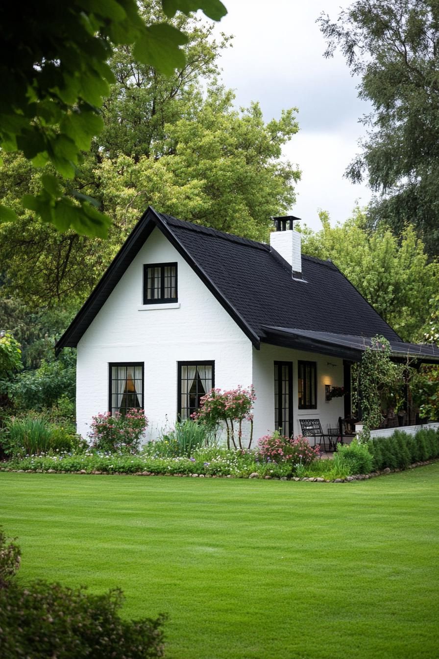 A White Cottage Surrounded by Lush Greenery
