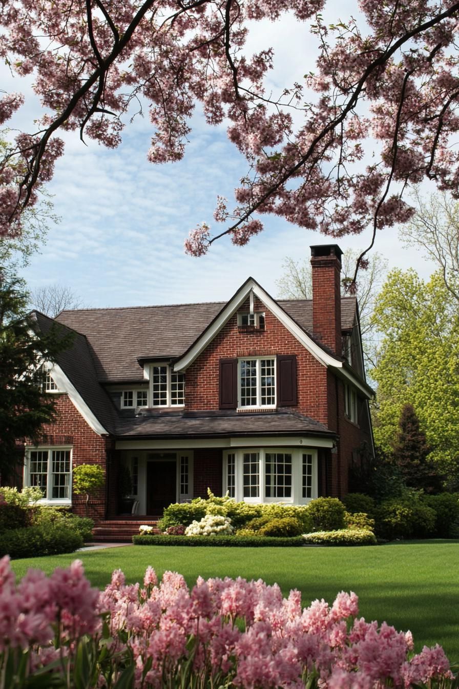 Brick House With Spring Garden Blooms