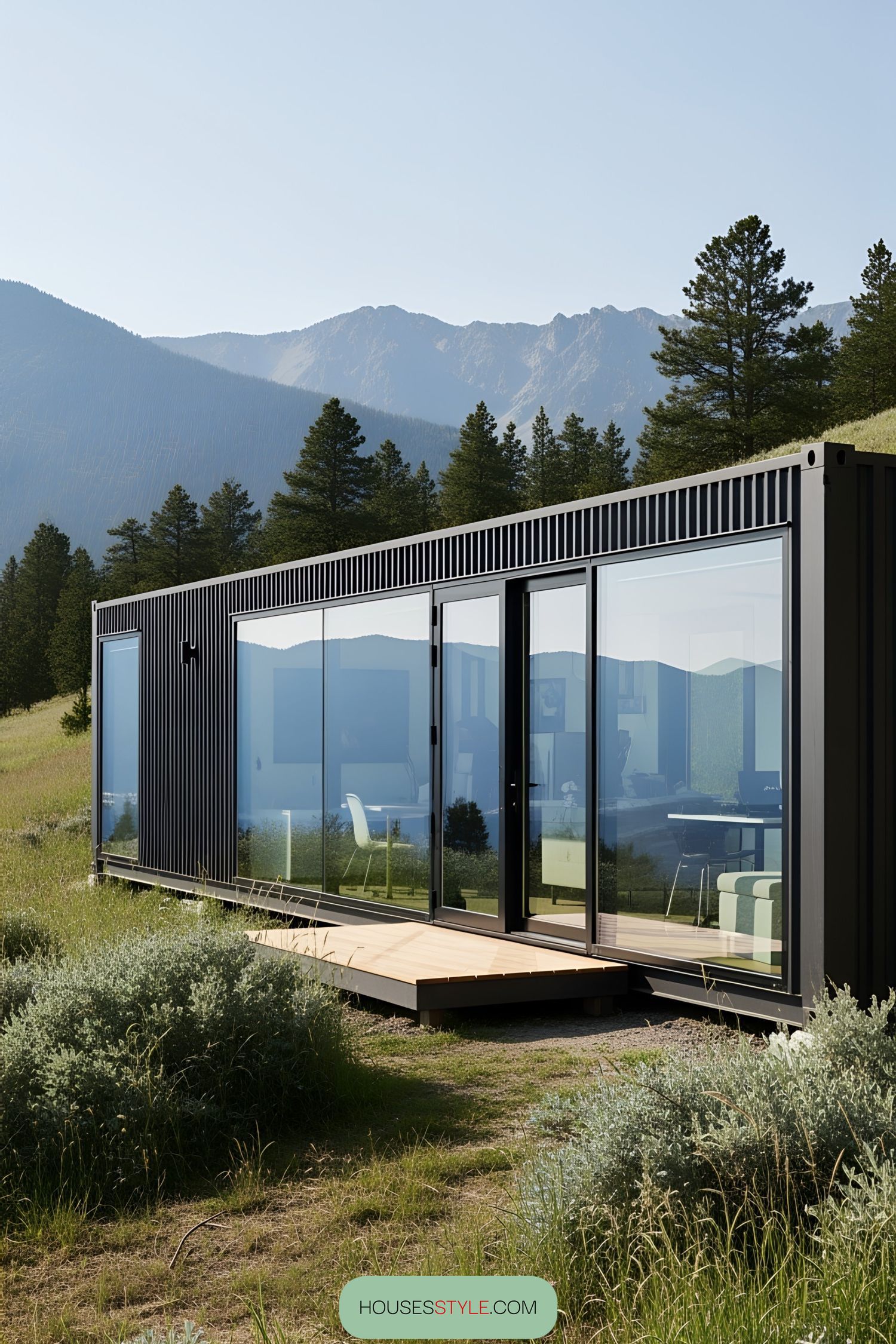 Glass-Wrapped Container Office in a Garden Setting