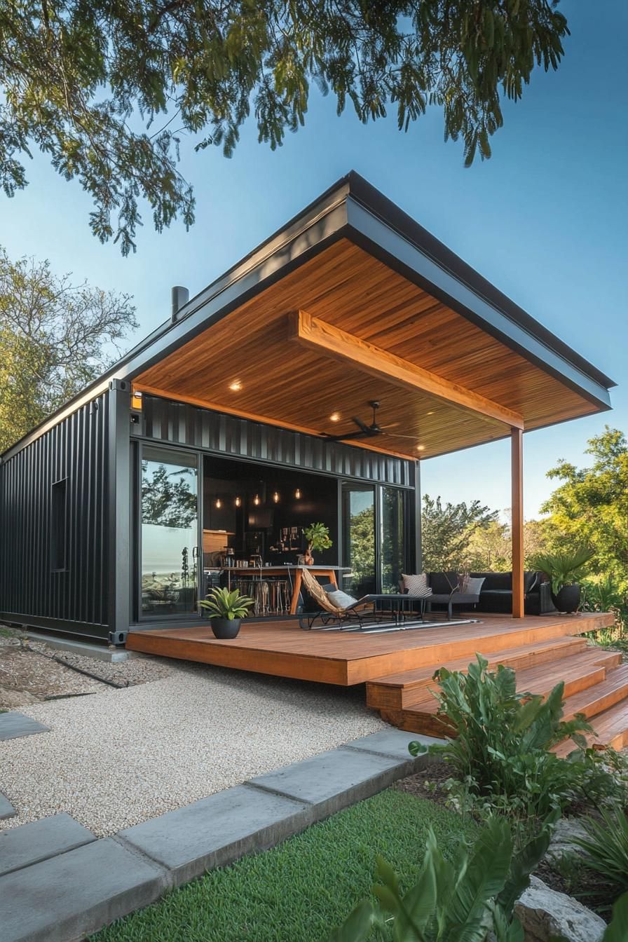 A Sleek Container Home With Wood Deck