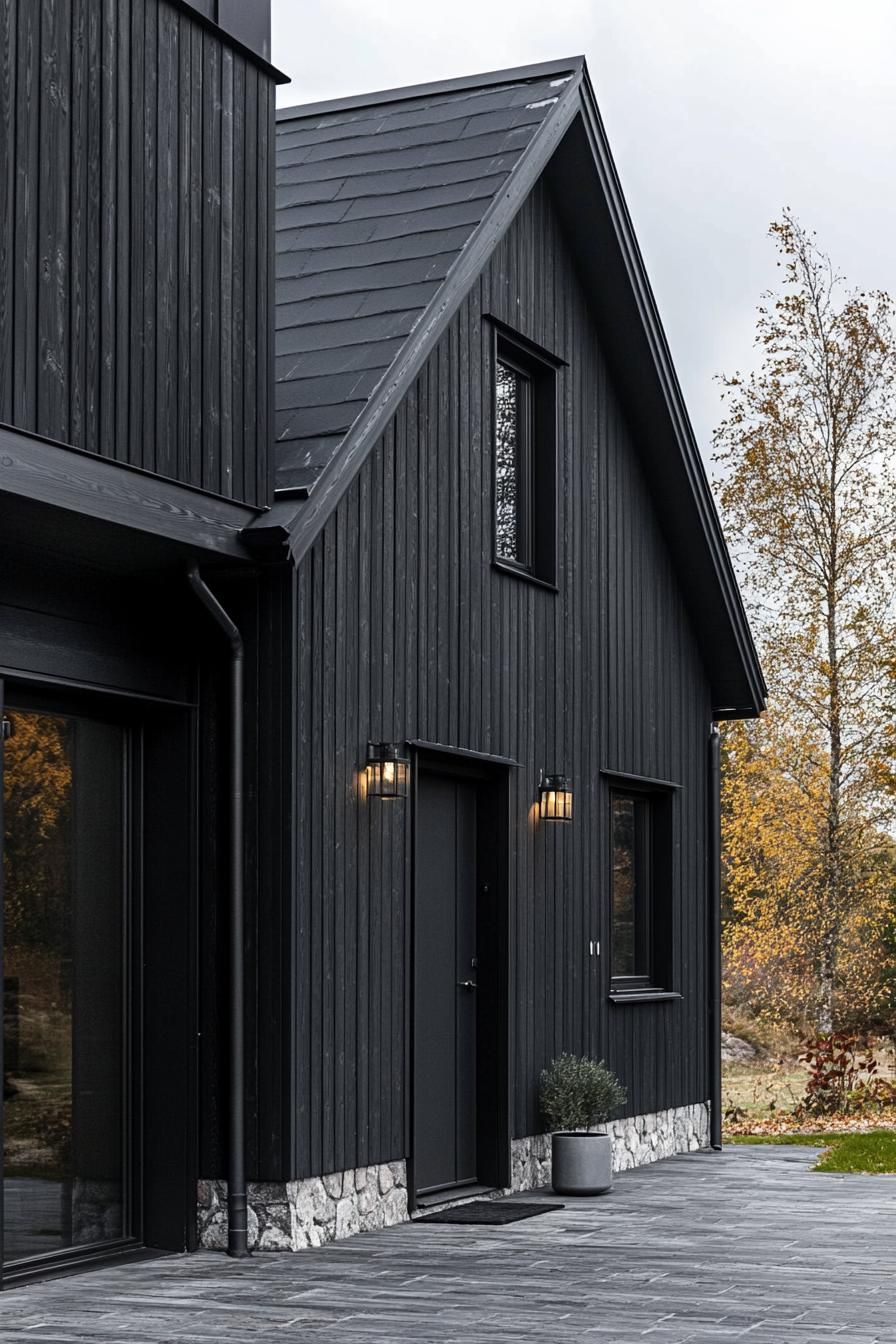 Ebony Brick Foundations With Black Wood Siding