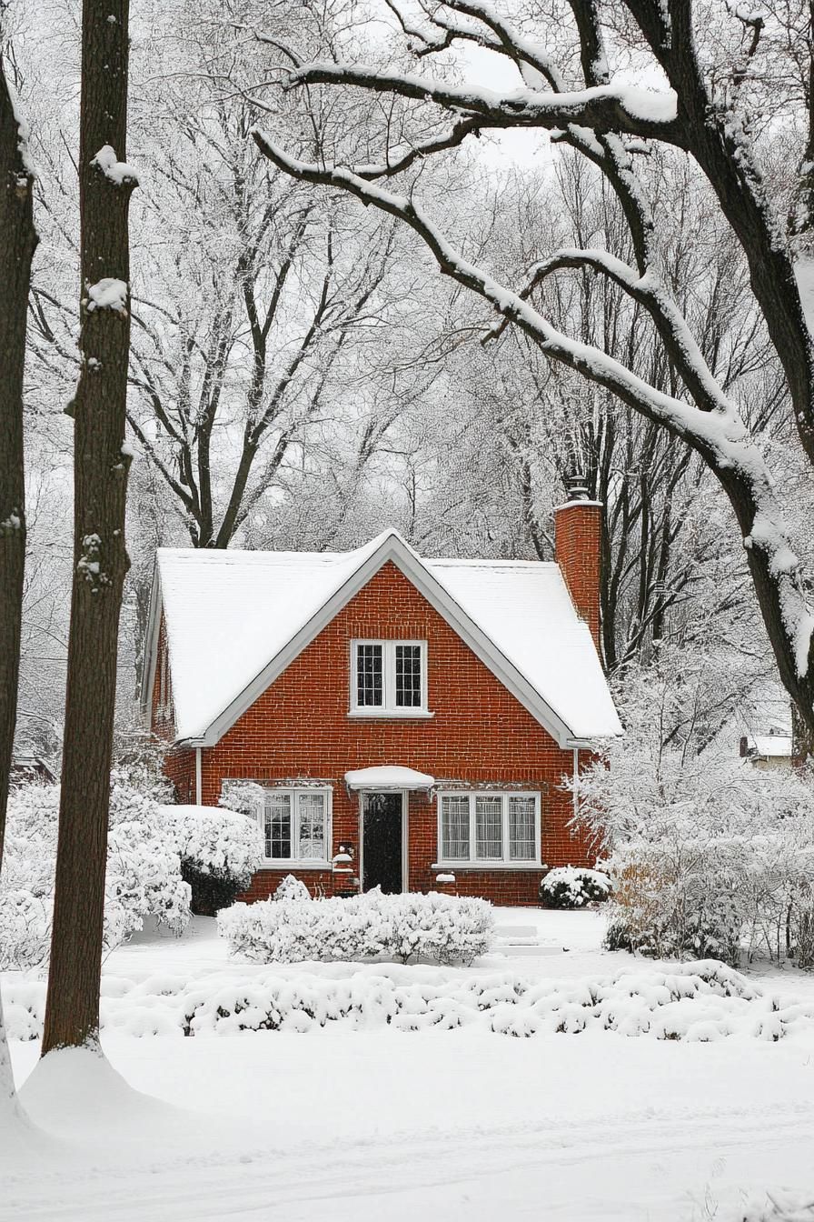 Red Brick House In Winter Snow