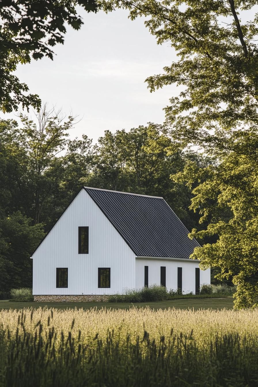 A White Barn House With Black Trim