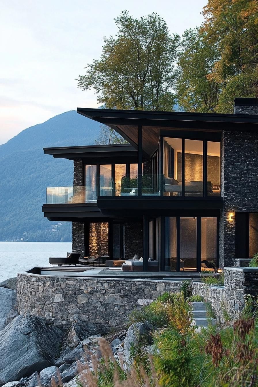 2) Dark Stone Walls With Black Steel Beams and Green Roof - photo 4