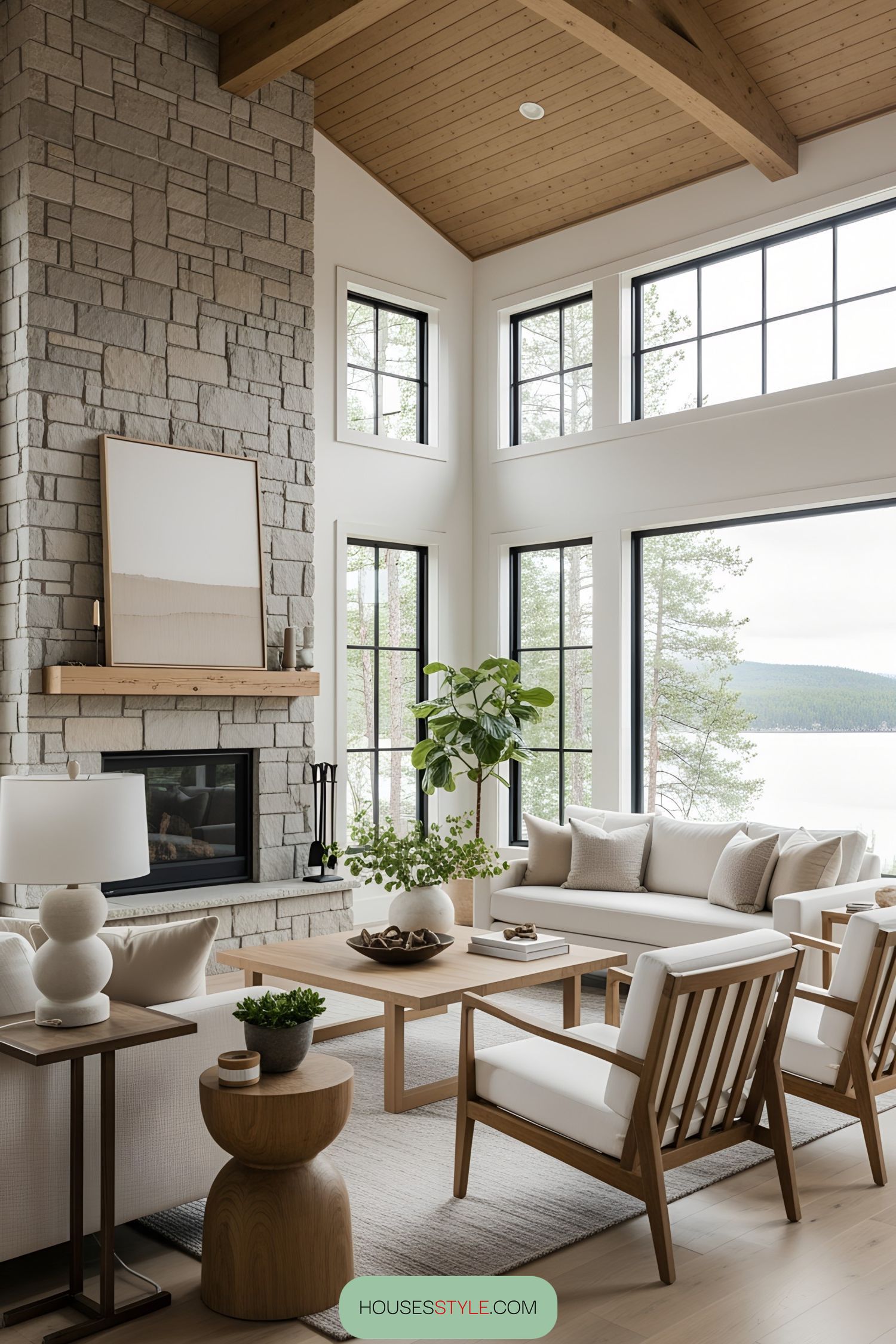 Modern Lake House Living Room With Stone Fireplace