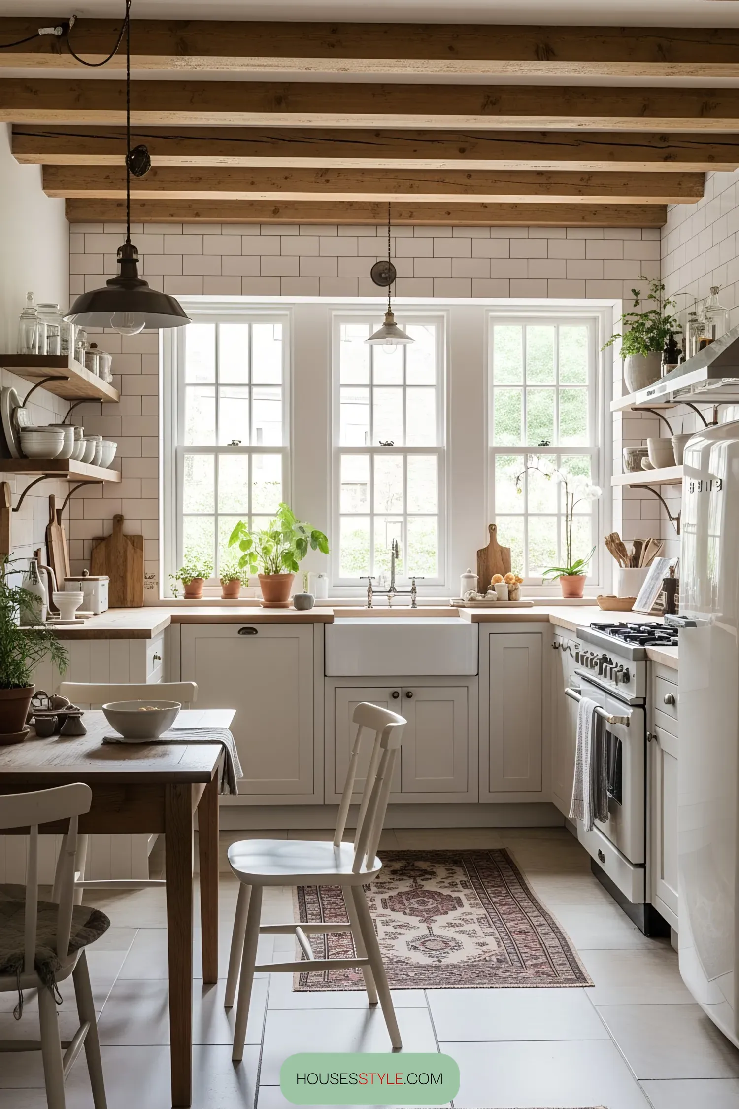 White Cabinets and Rustic Wood Beams