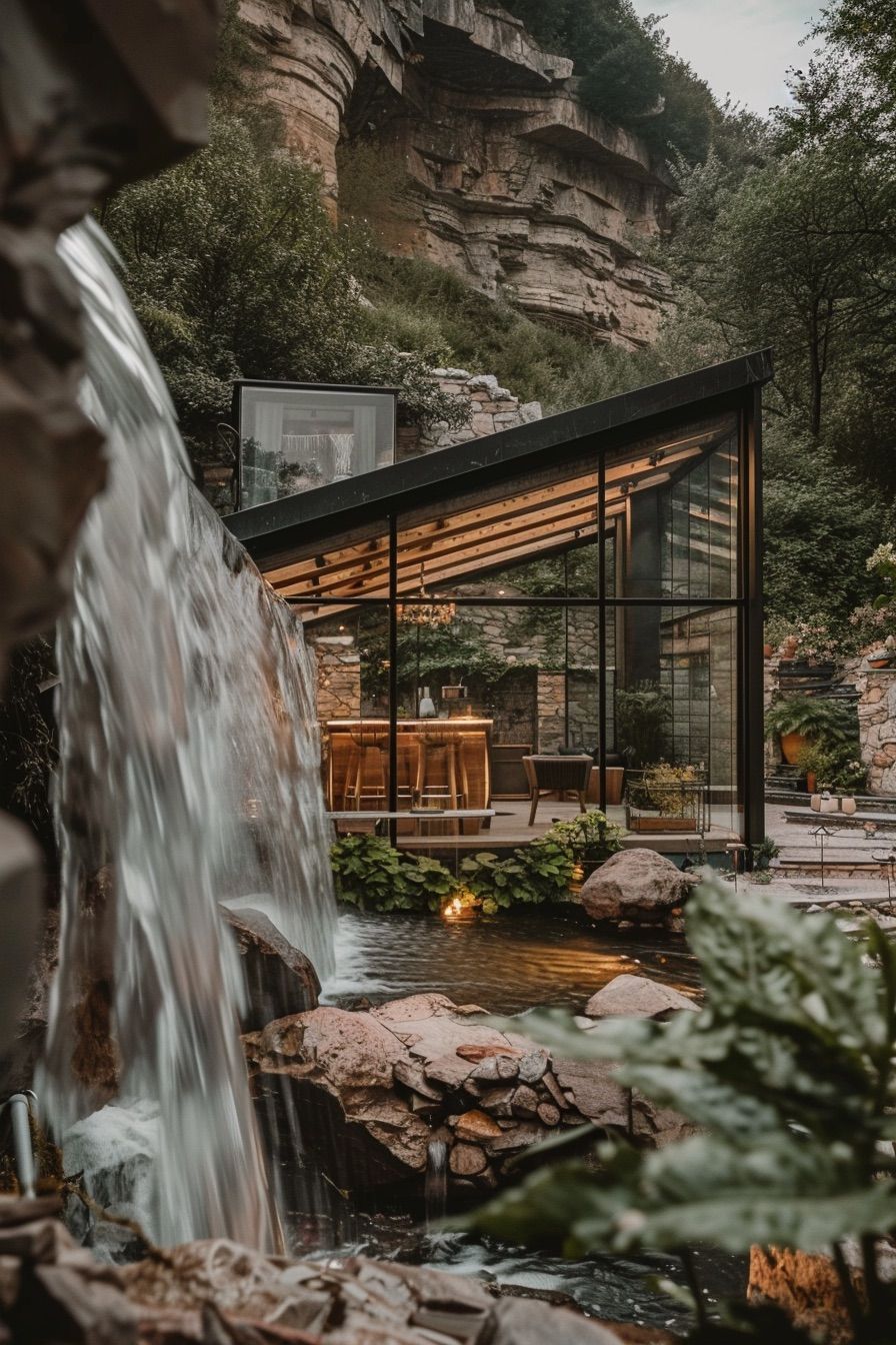 Glass Cabin Beside a Waterfall