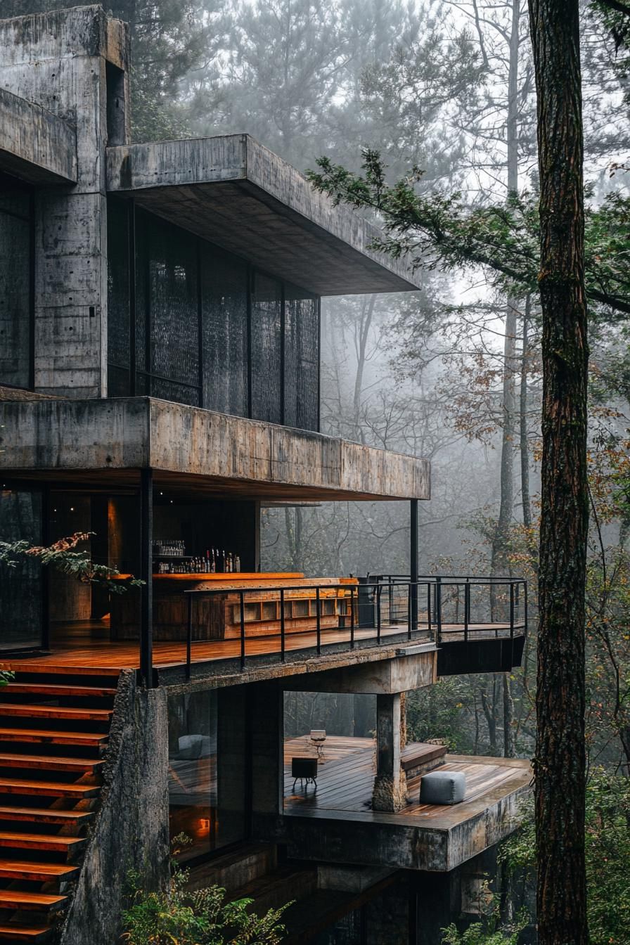 Modern Architecture in Misty Woods