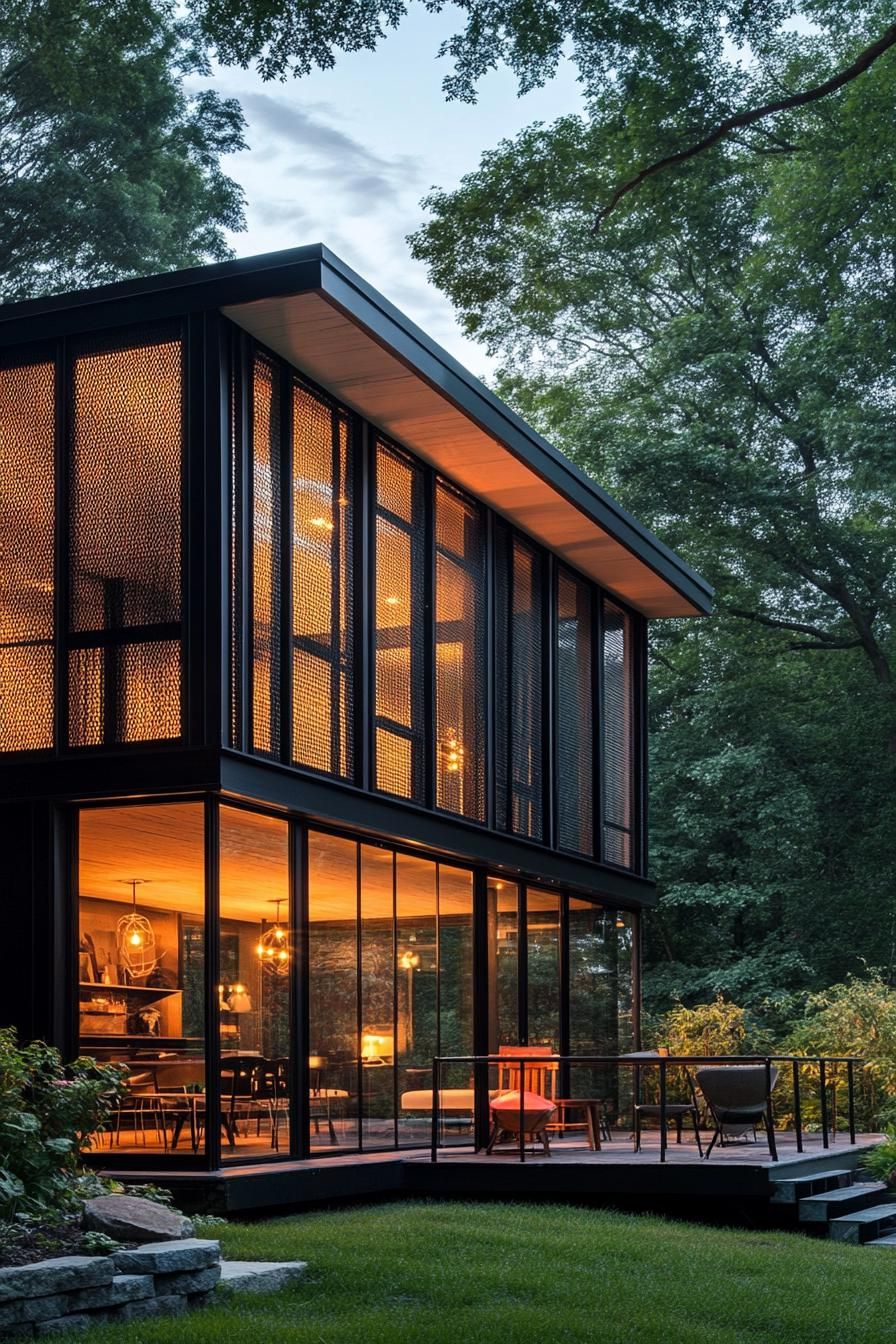 Black Metal Mesh Facade With Built-In Lighting