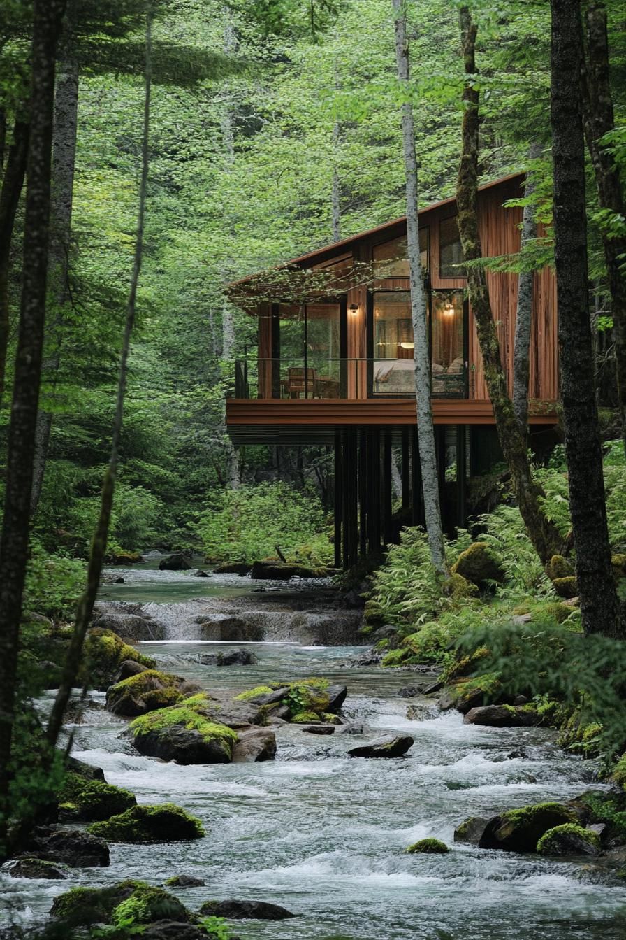 Cabins Suspended Over A Forest Stream