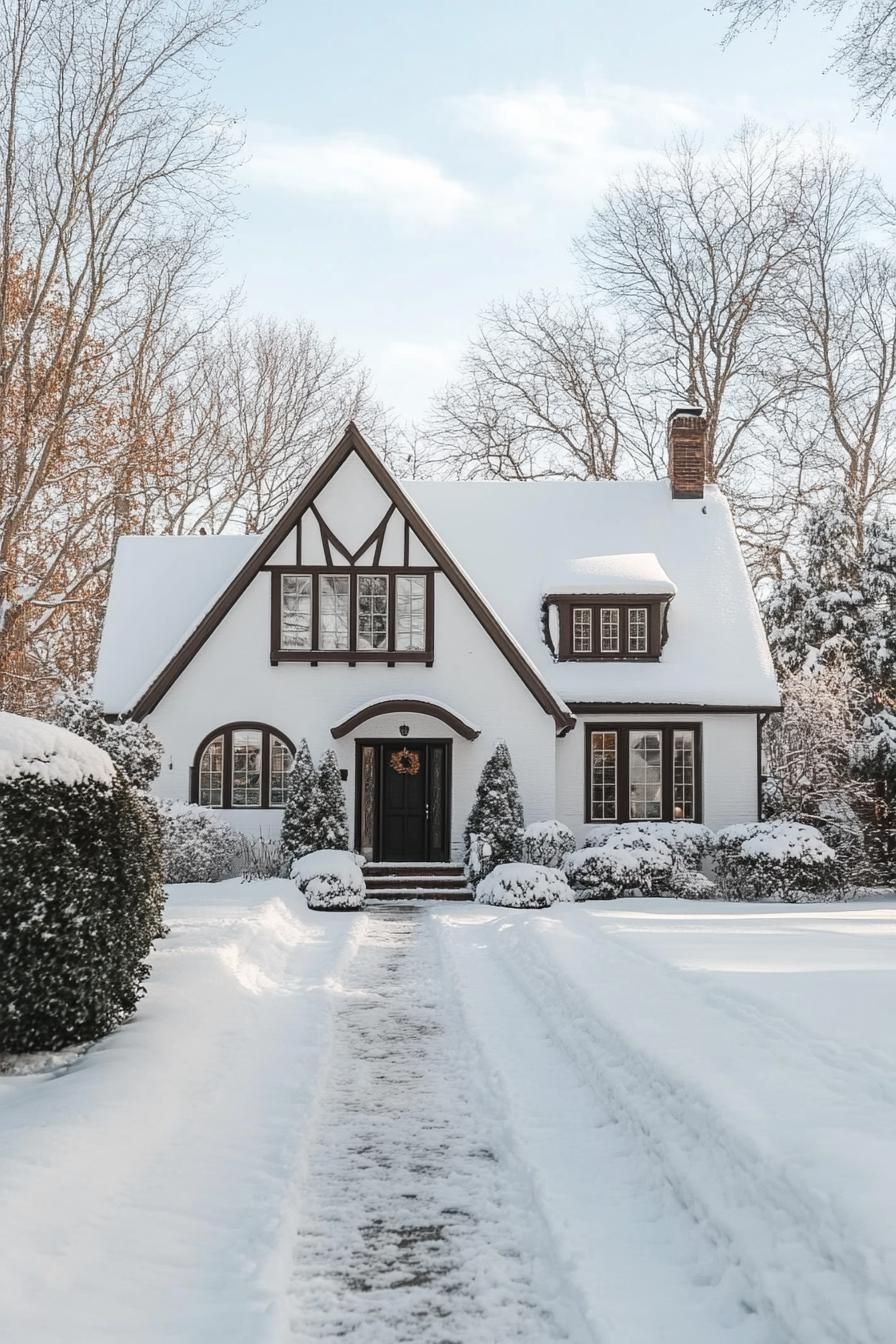 Snowy Tudor Home With Wreath