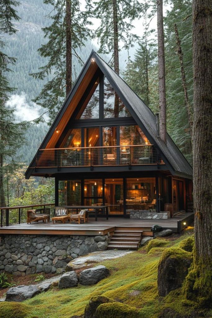 Stained Wood Siding on Stone Foundation