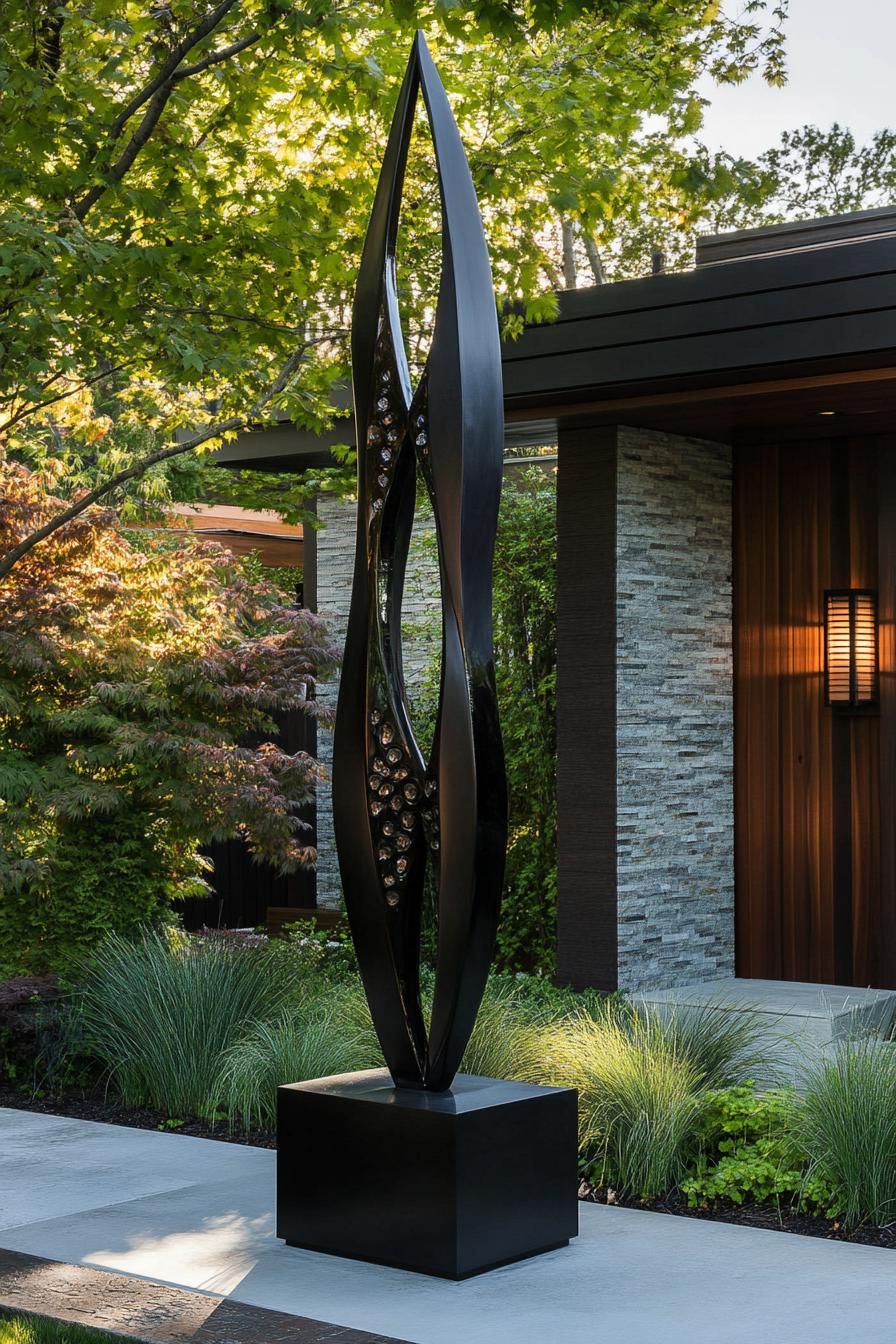 Sleek Black Garden Sculptures And Lanterns