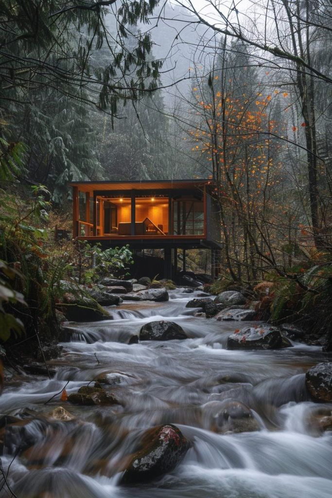 Cabins Built Above a Flowing Stream