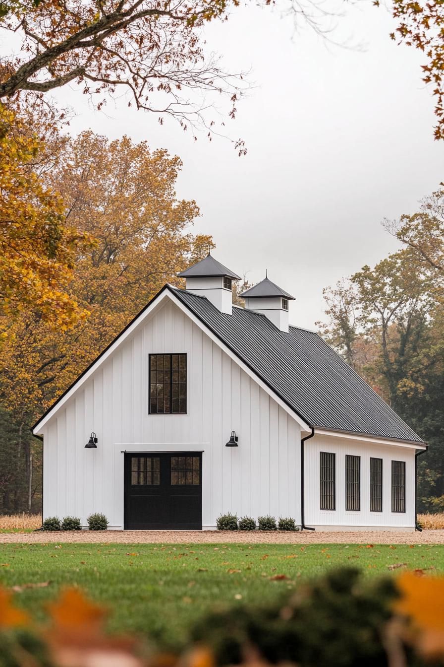 A White Barn House With Black Trim - photo 2