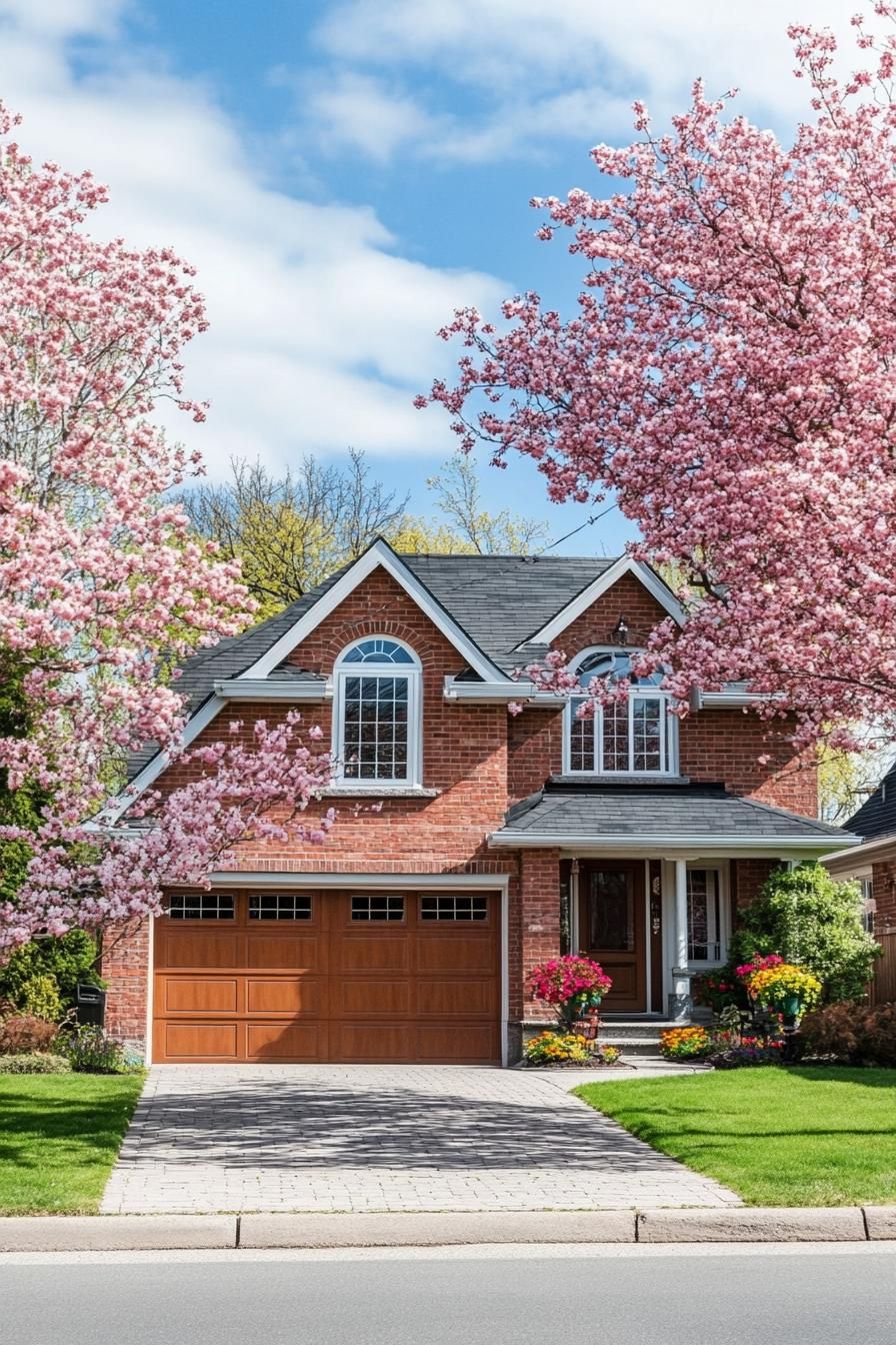 Brick Suburban House With Blossoming Trees