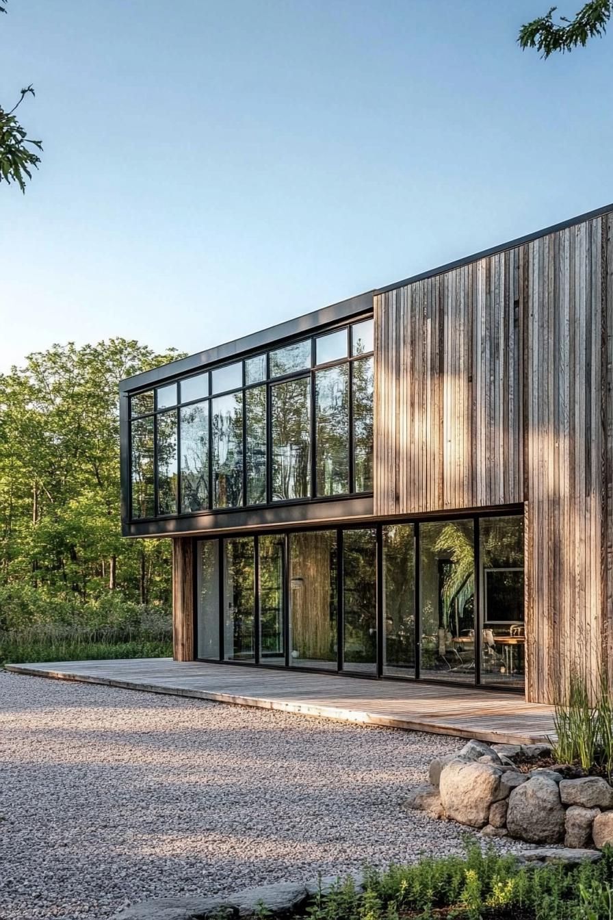 Vertical Cedar Siding Next to Oversized Glass Windows