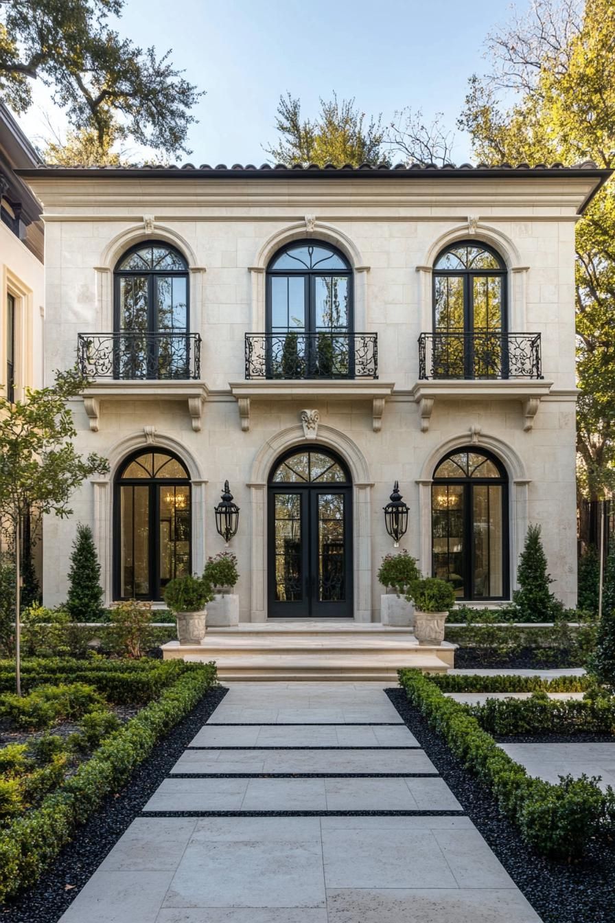 Villa Front Featuring Grand Arched Windows