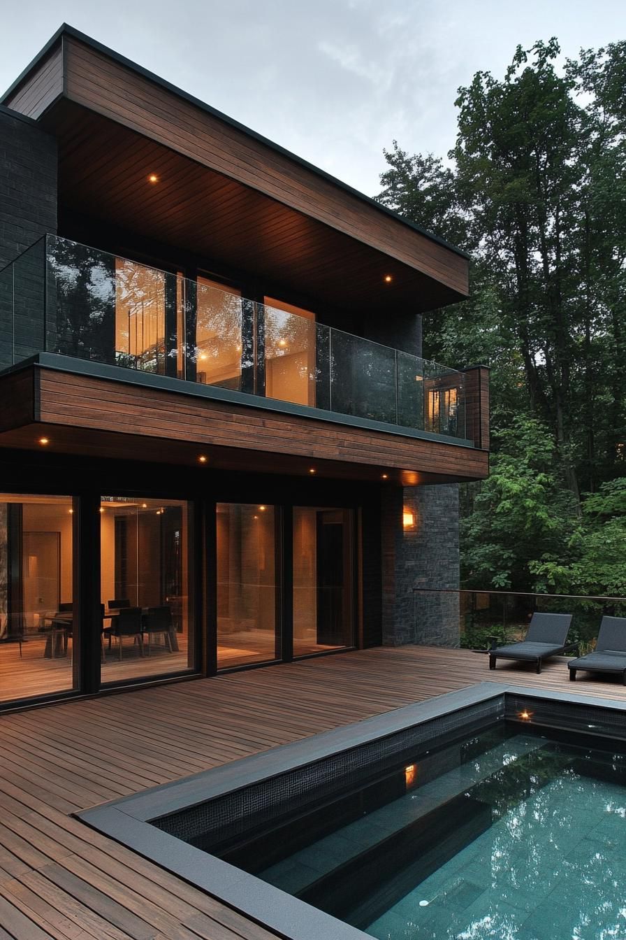 Dark Timber Siding With Sleek Glass Railings