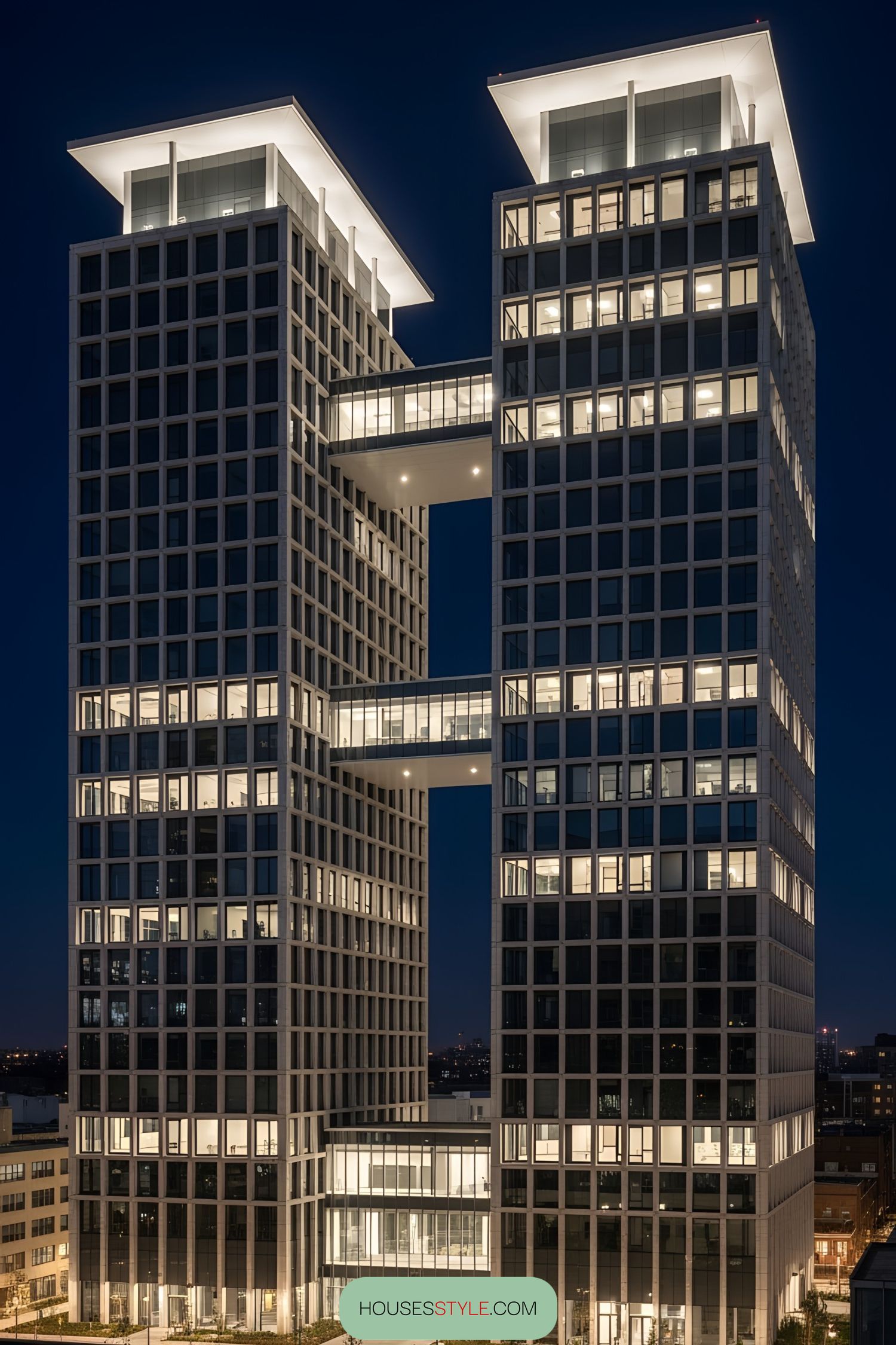 Skybridge-Linked Towers Glow After Dark