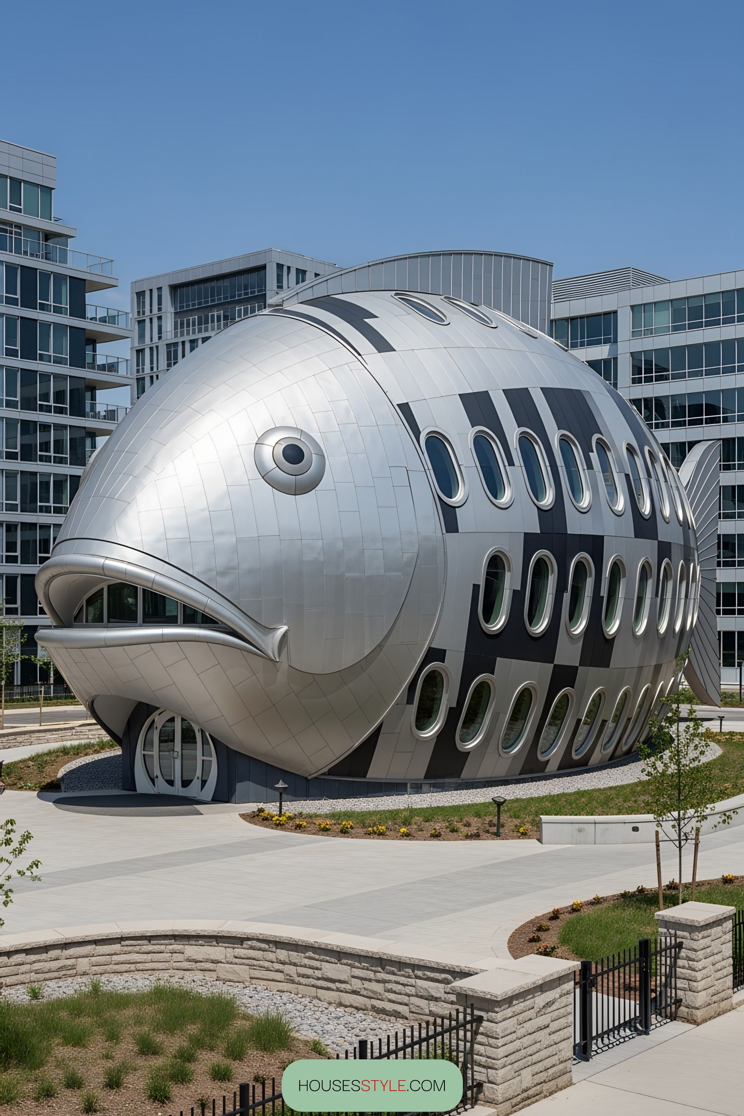 A Silver, Fish-Shaped Building Design
