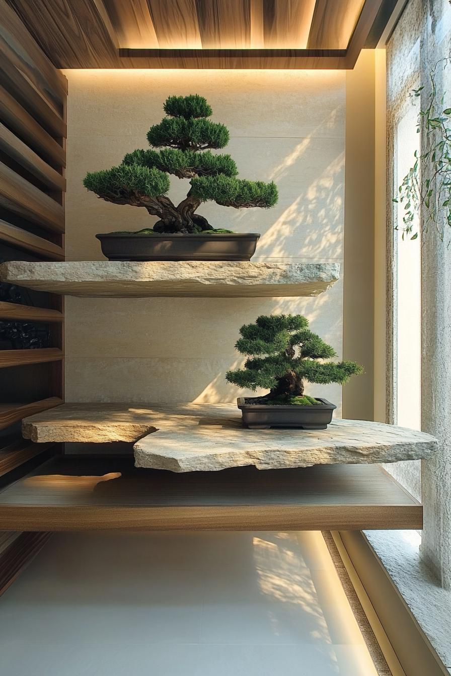 Wall-Mounted Bonsai Display Shelves