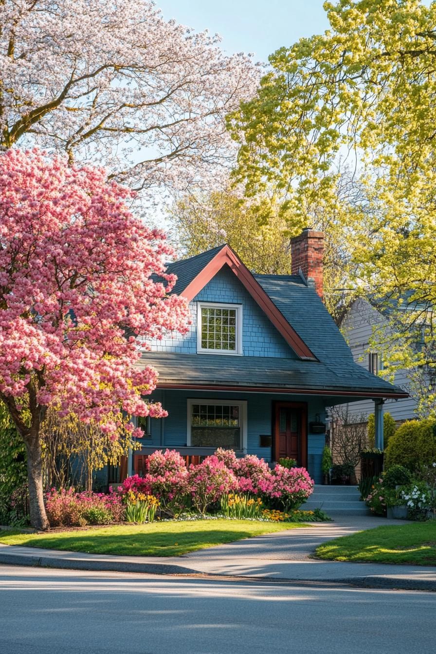Blue Cottage With Blossoming Trees
