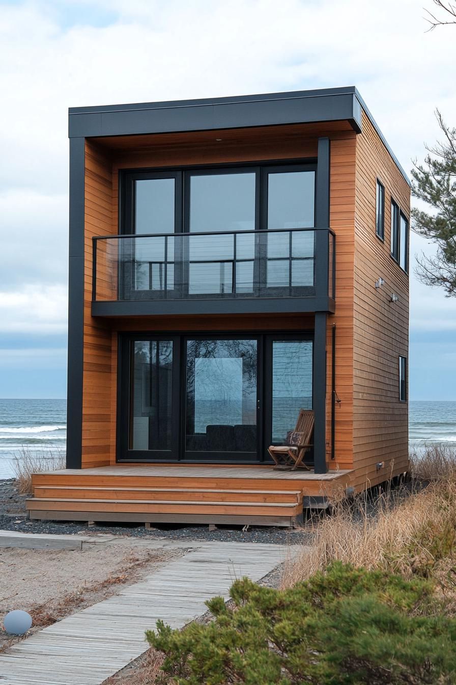 Natural Wood Siding With A Black Roof