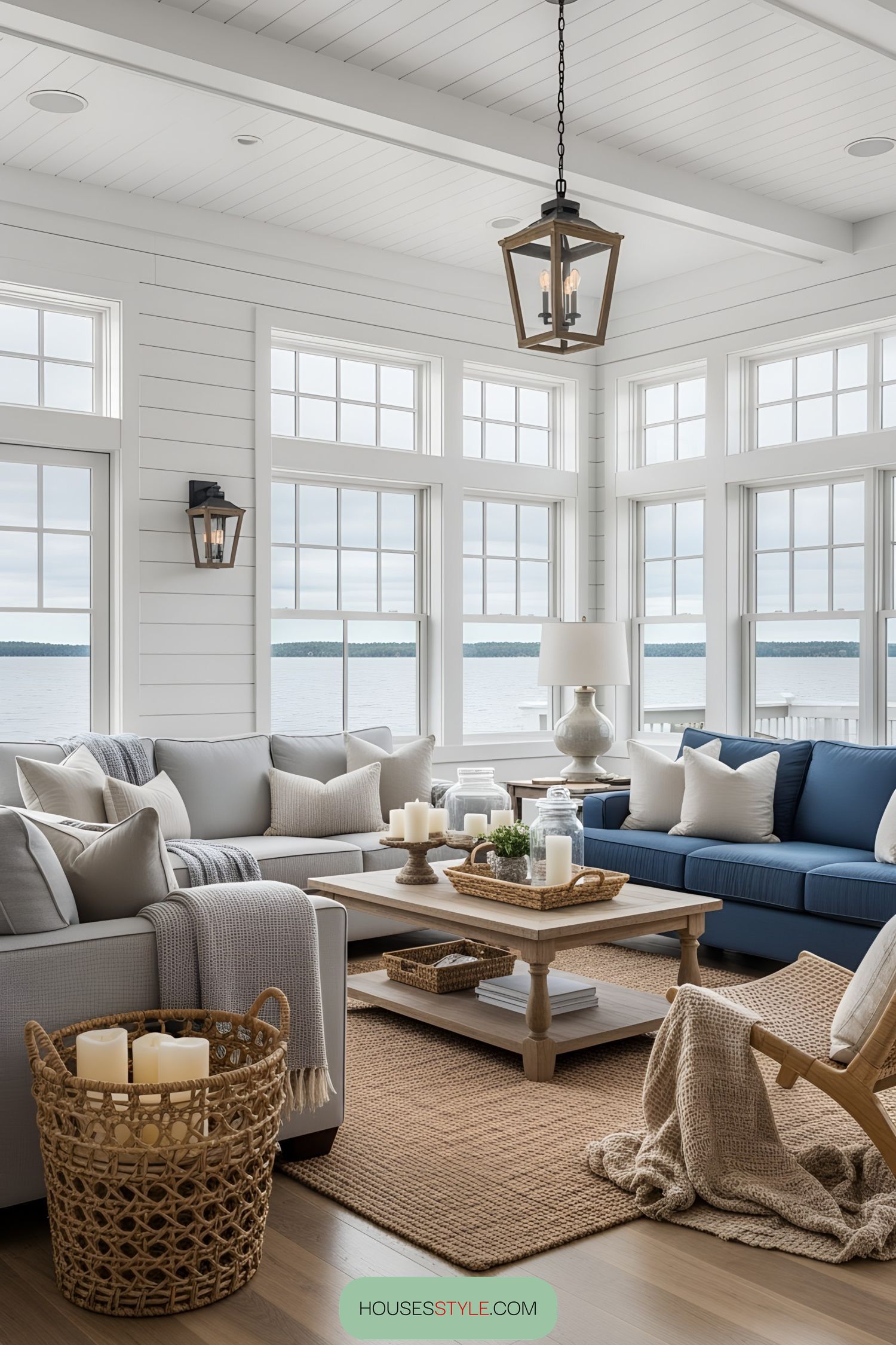 Wicker-Accented Lakeside Lounge With Wide Windows