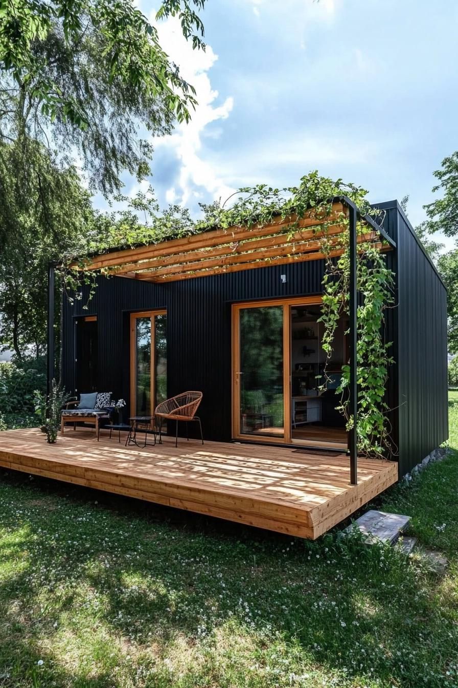 Black Steel Exteriors With A Wood Pergola
