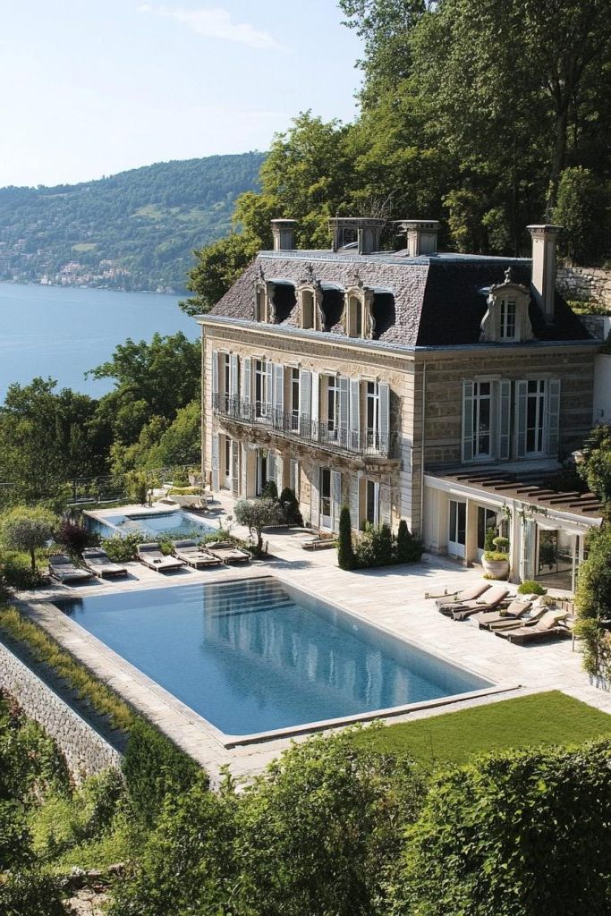 French Mansion Overlooking a Glistening Pool