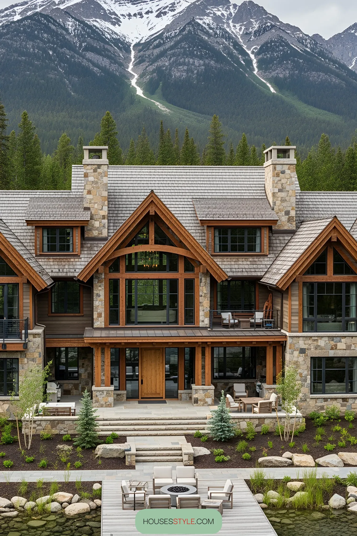 Timber Fortress Backed by Mountain Peaks