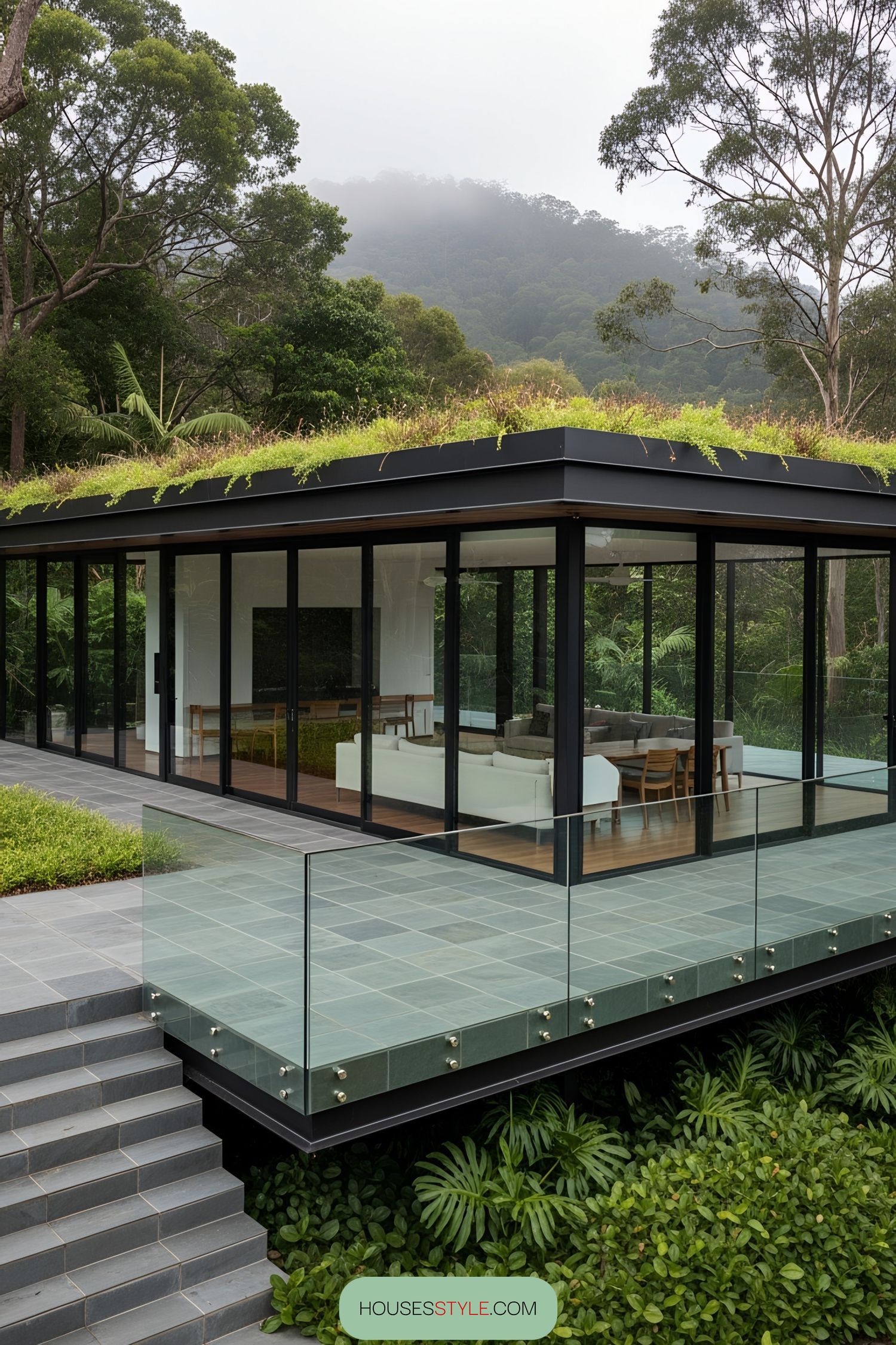 Glass Terrace Design Surrounded by Greenery